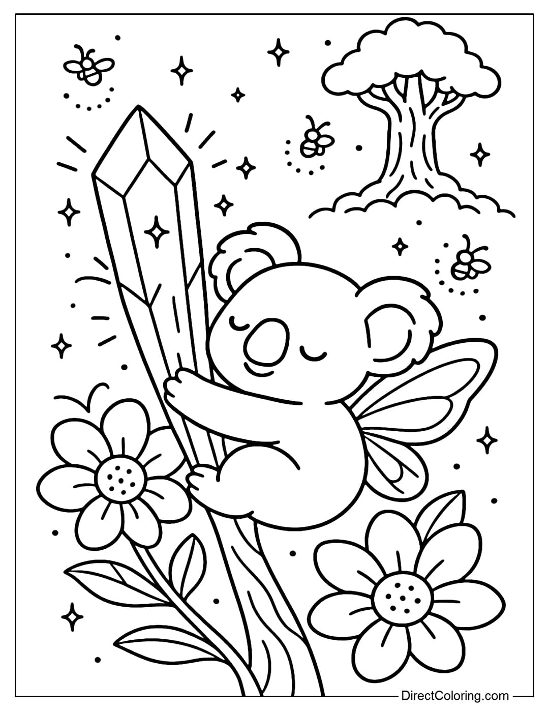 Coloring page of a koala bear with wings hugging a round tree branch, surrounded by soft flowers and leaves.