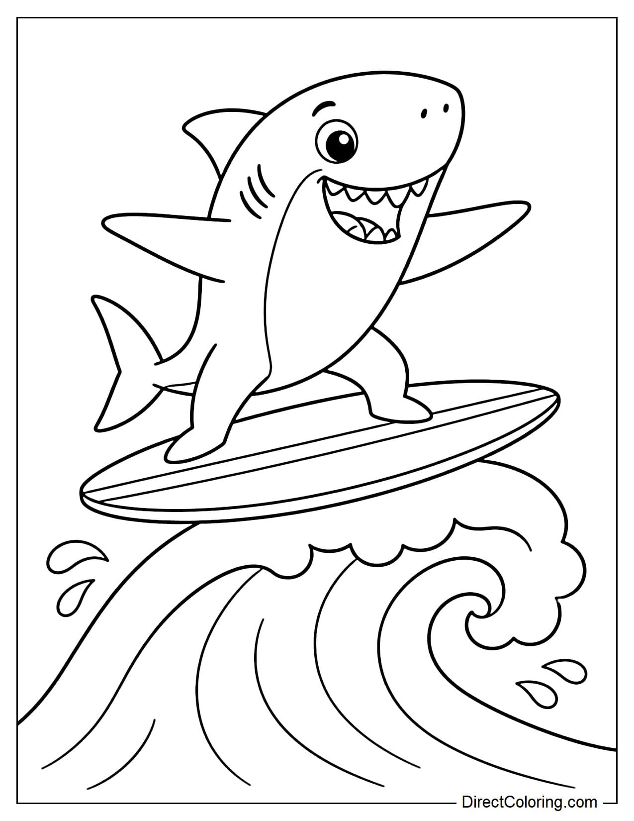 A playful shark is standing on a surfboard, its two fins spread wide for balance, with a large wave below.