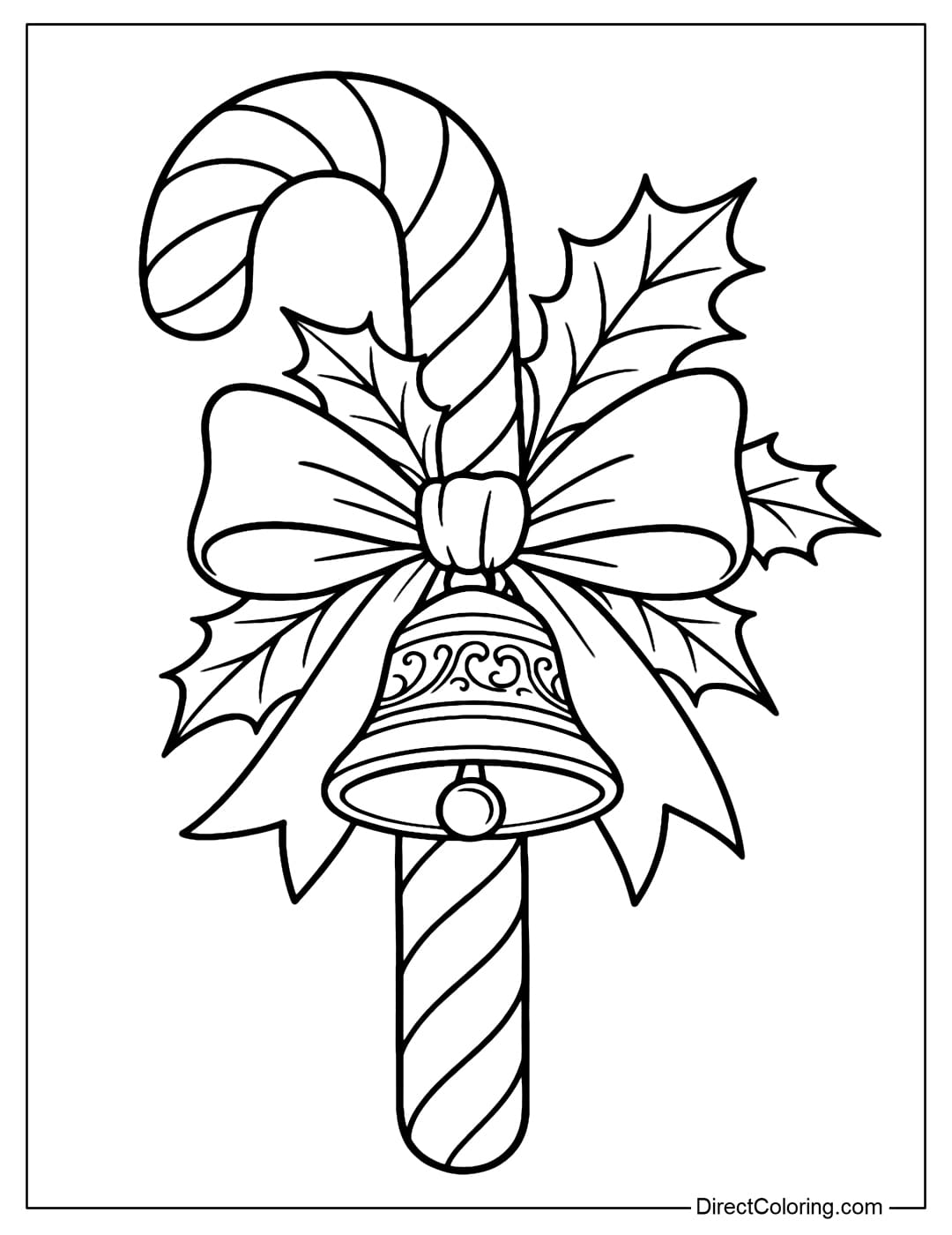 Coloring page of a candy cane combined with a bell, tied with a large bow and a cluster of green leaves.
