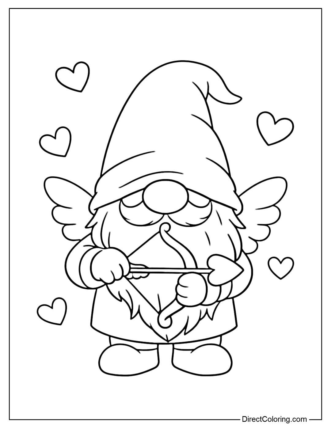 A coloring page featuring a cute Gnome dressed as Cupid, holding a bow and arrow with heart-shaped arrows.