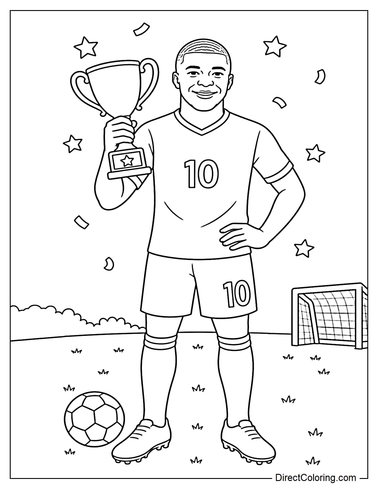 Kylian Mbappé standing on the field, holding a simple football trophy, with a ball and goalpost behind him, surrounded by several stars and confetti.