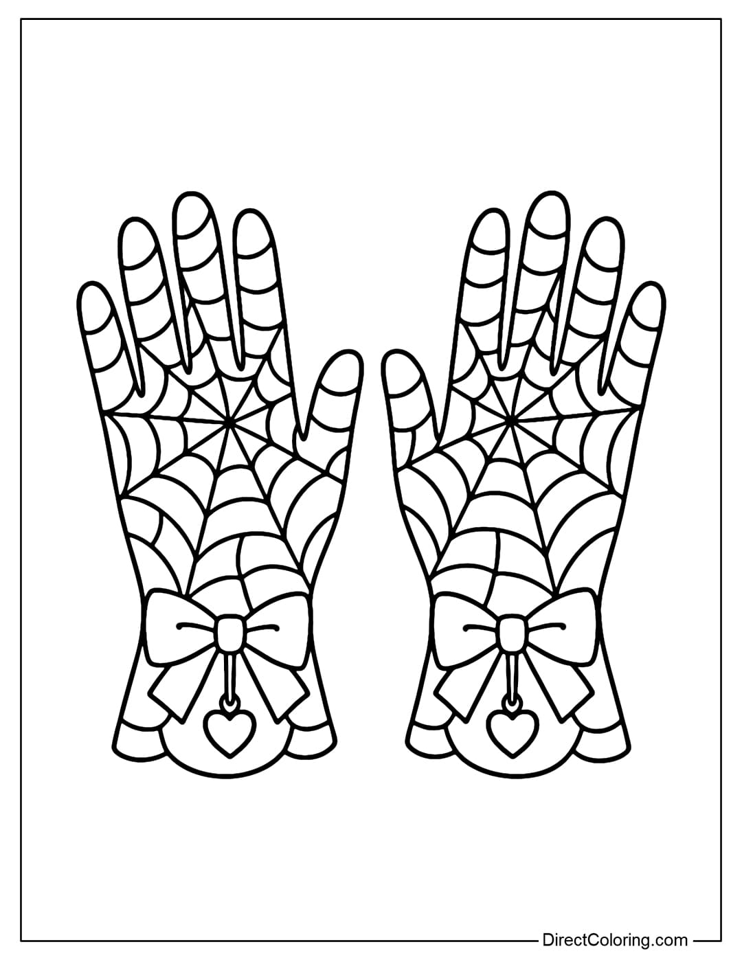 Long lace gloves coloring page with spider web pattern, small bow on the wrist and mini heart charm hanging.