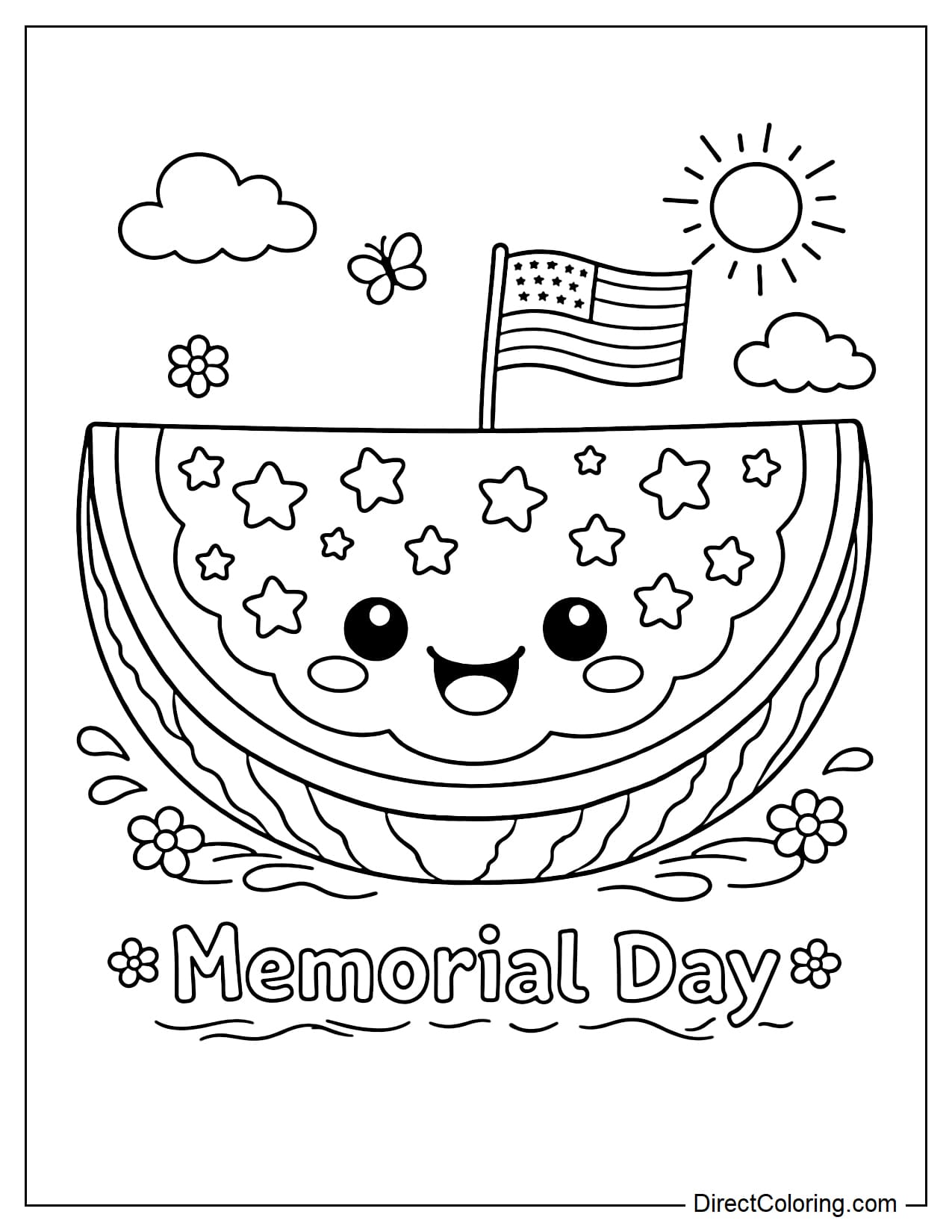 A large slice of watermelon with a cute smiley face, the inside decorated with star-shaped seeds, and a small American flag on top for Memorial Day.