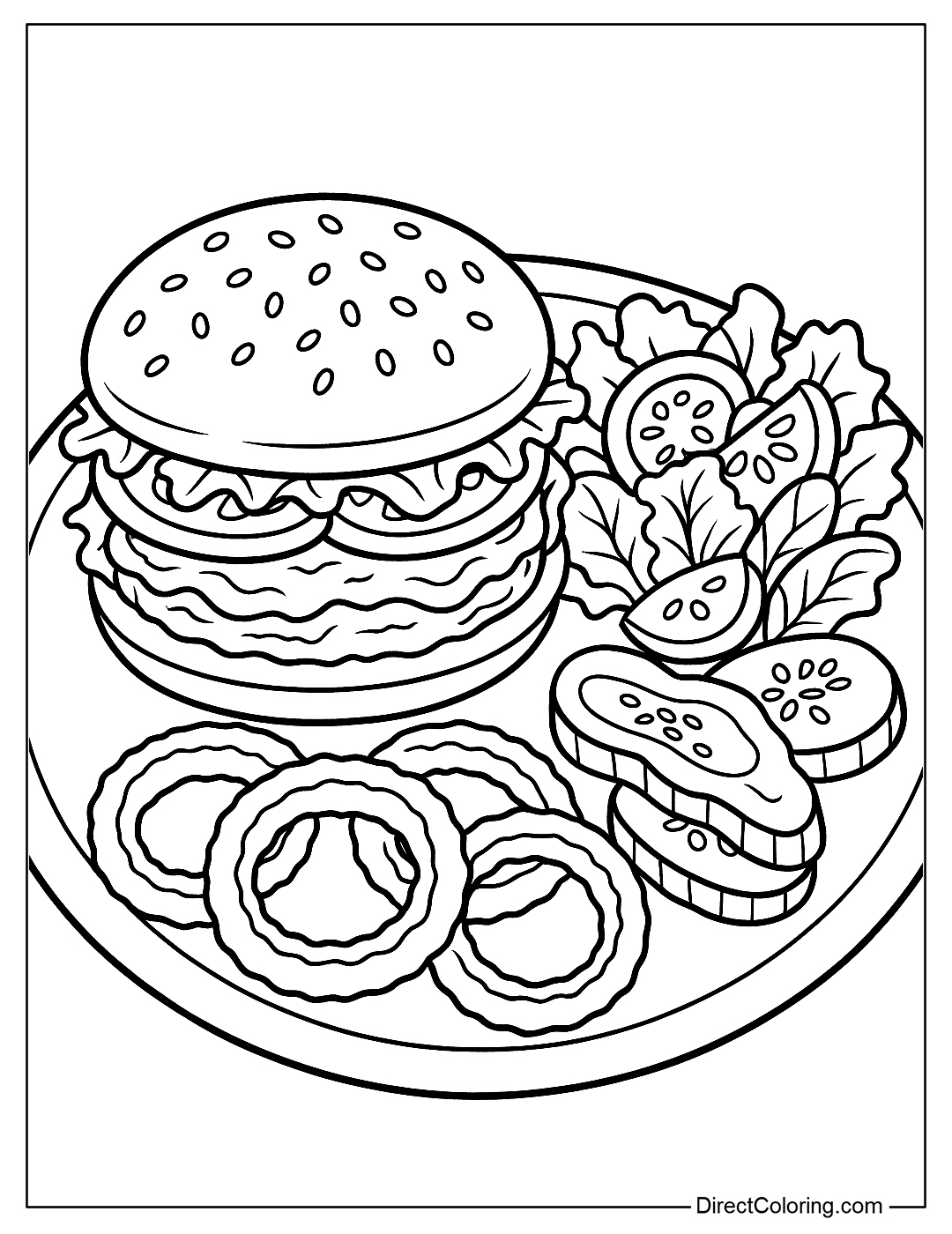 Coloring page of a full meal consisting of hamburger, vegetable salad, pickles and some fried onions