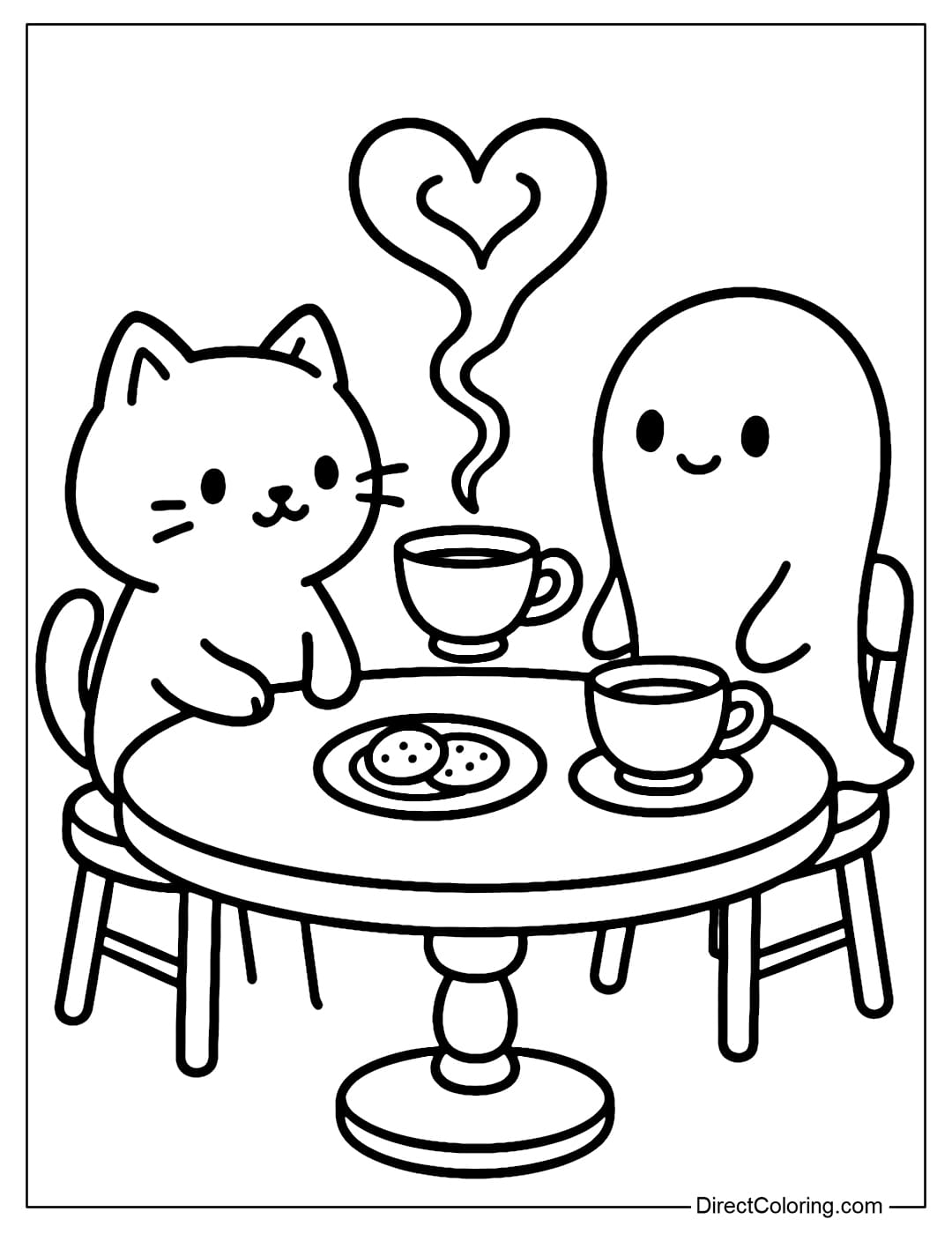An afternoon tea coloring page, a round table with a cup of tea flying, a cat and a ghost sitting opposite each other, the tea smoke swirling into a heart shape.