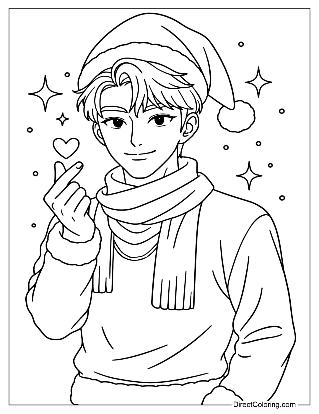 Jinu Saja coloring page wearing a Santa hat and a warm scarf, smiling gently and making a finger heart pose.