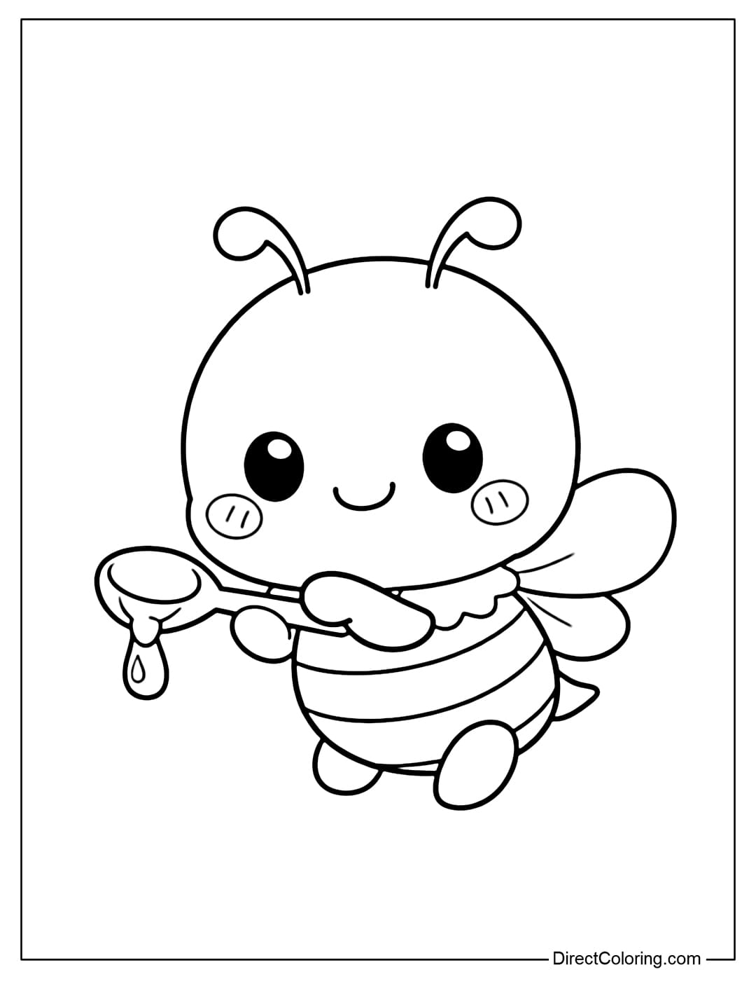 A coloring page of an adorable bee holding a small spoon with a drop of honey.