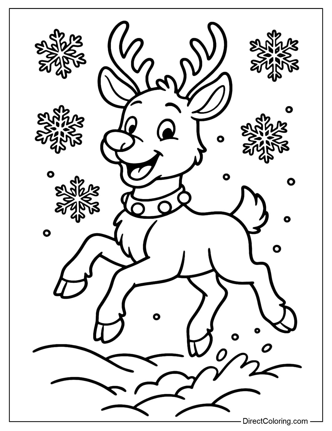 Playful Reindeer Coloring Page A playful reindeer coloring page jumping through the snow, smiling brightly.