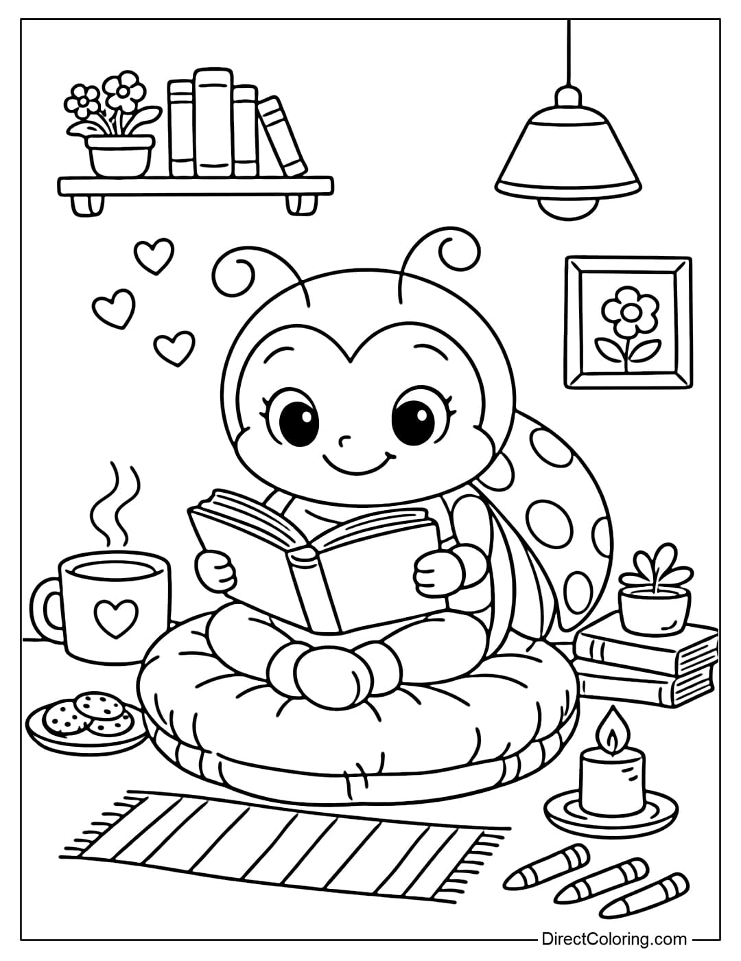 A coloring page of a ladybug sitting and reading a book on a small round cushion in a warm space.
