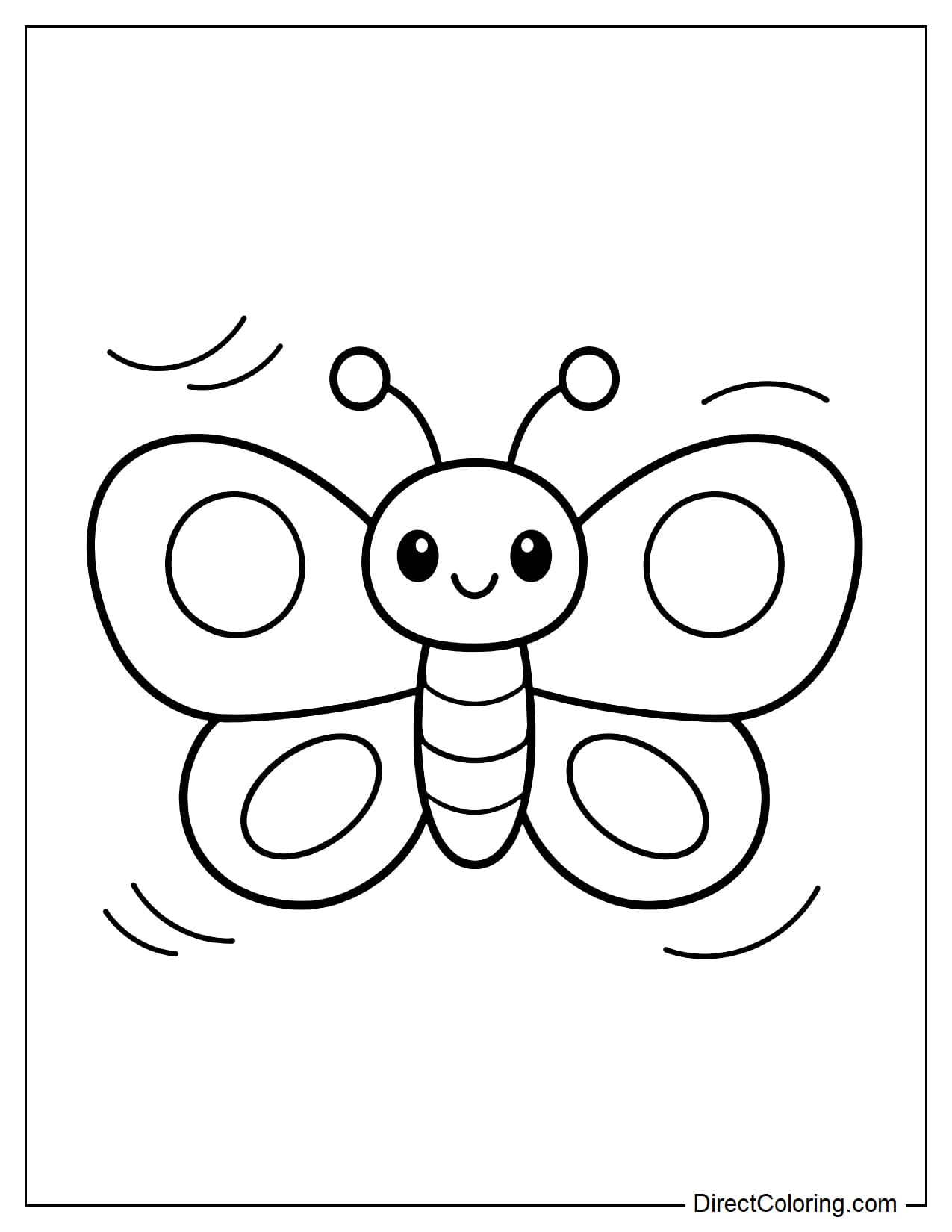 A small butterfly with a cheerful expression is fluttering its wings in the air. The butterfly's wings have simple circular patterns, and its body is clearly segmented.