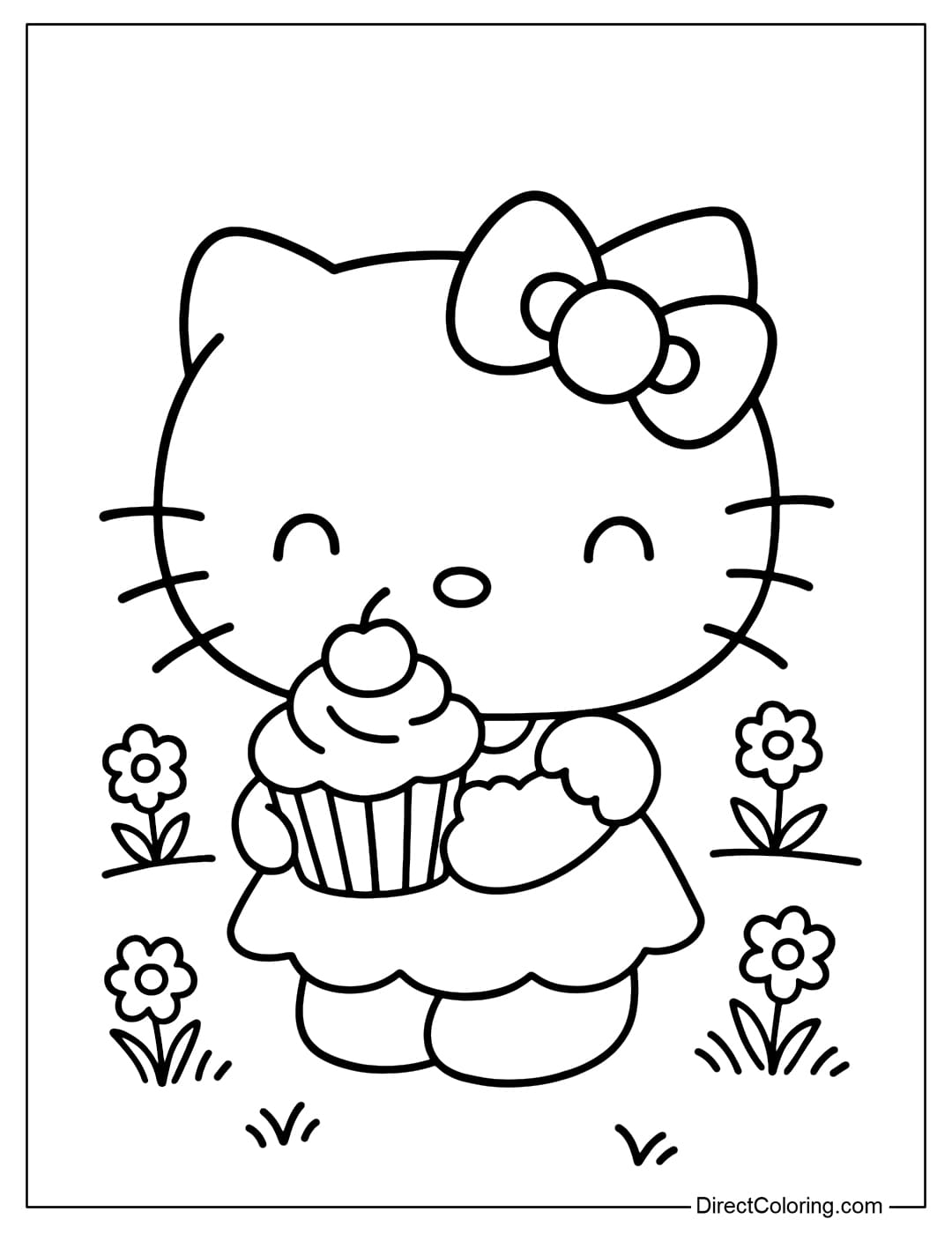 Cute Hello Kitty coloring page holding a cupcake standing in the middle of a small meadow scene.