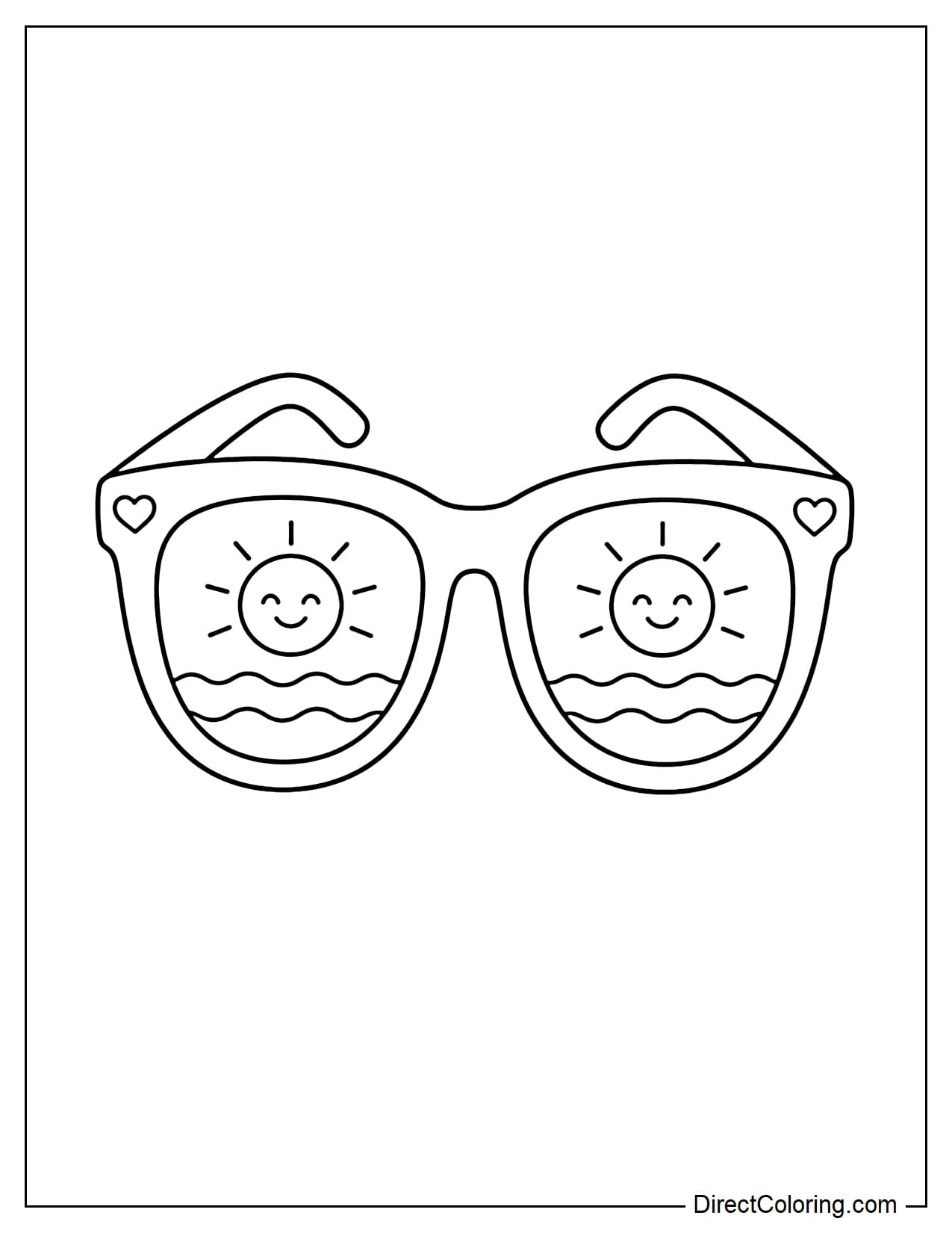 The sunglasses feature lenses that reflect the sun and waves in a simple way.