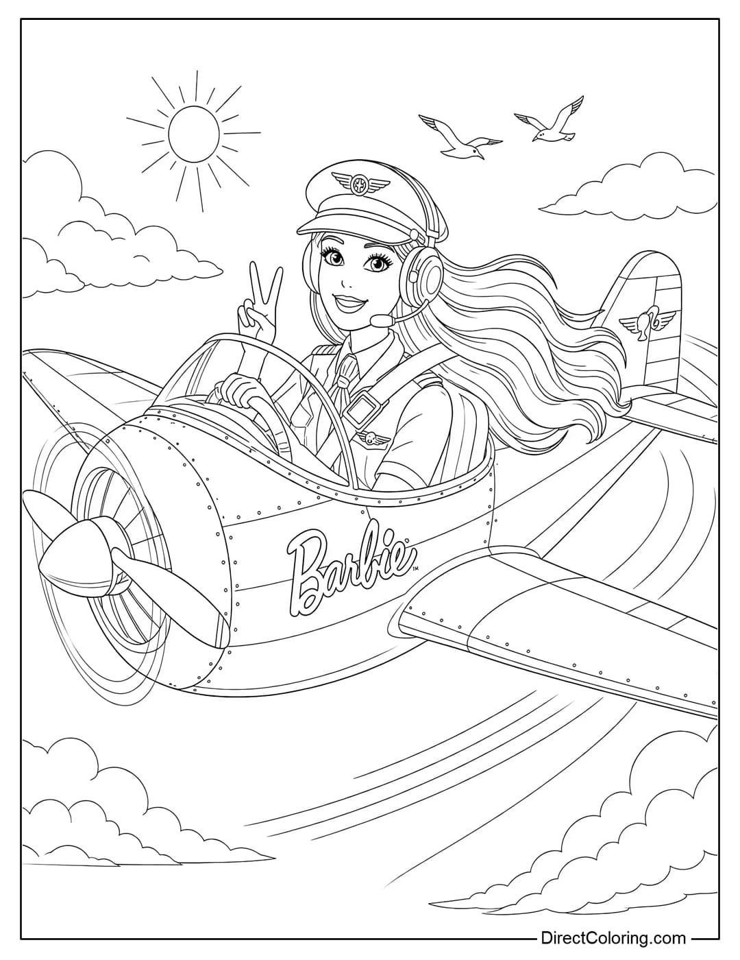Coloring page of Barbie pilot flying a plane in the sky.