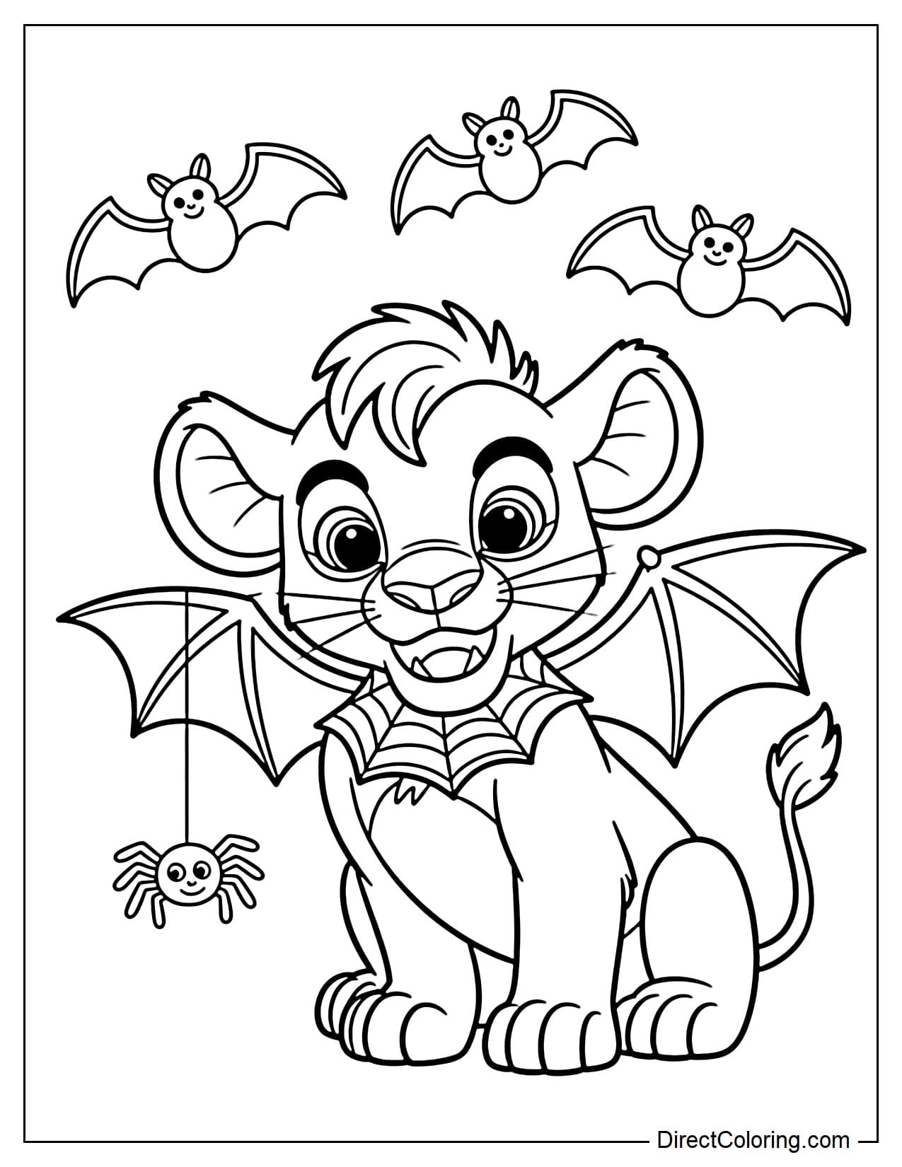 Young Simba wears large bat wings on his back and a collar decorated with a spider-web design, while a small spider hangs from a thread on one of his bat wings.