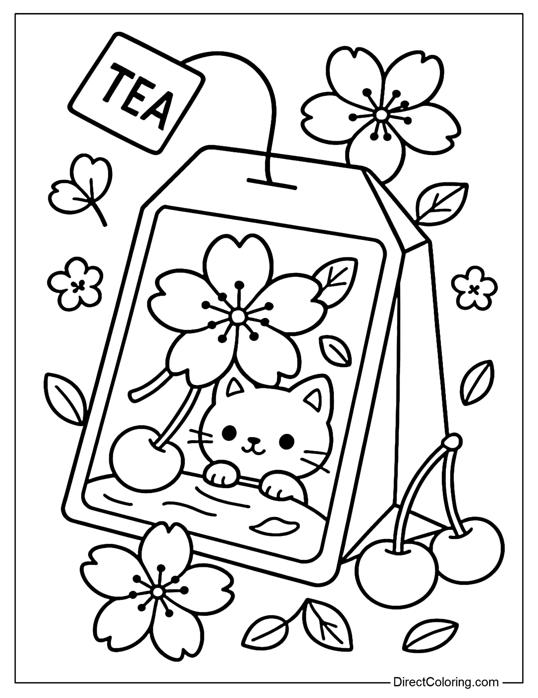 Tea bag coloring page with a little cat hiding under cherry blossoms, surrounded by cherries.