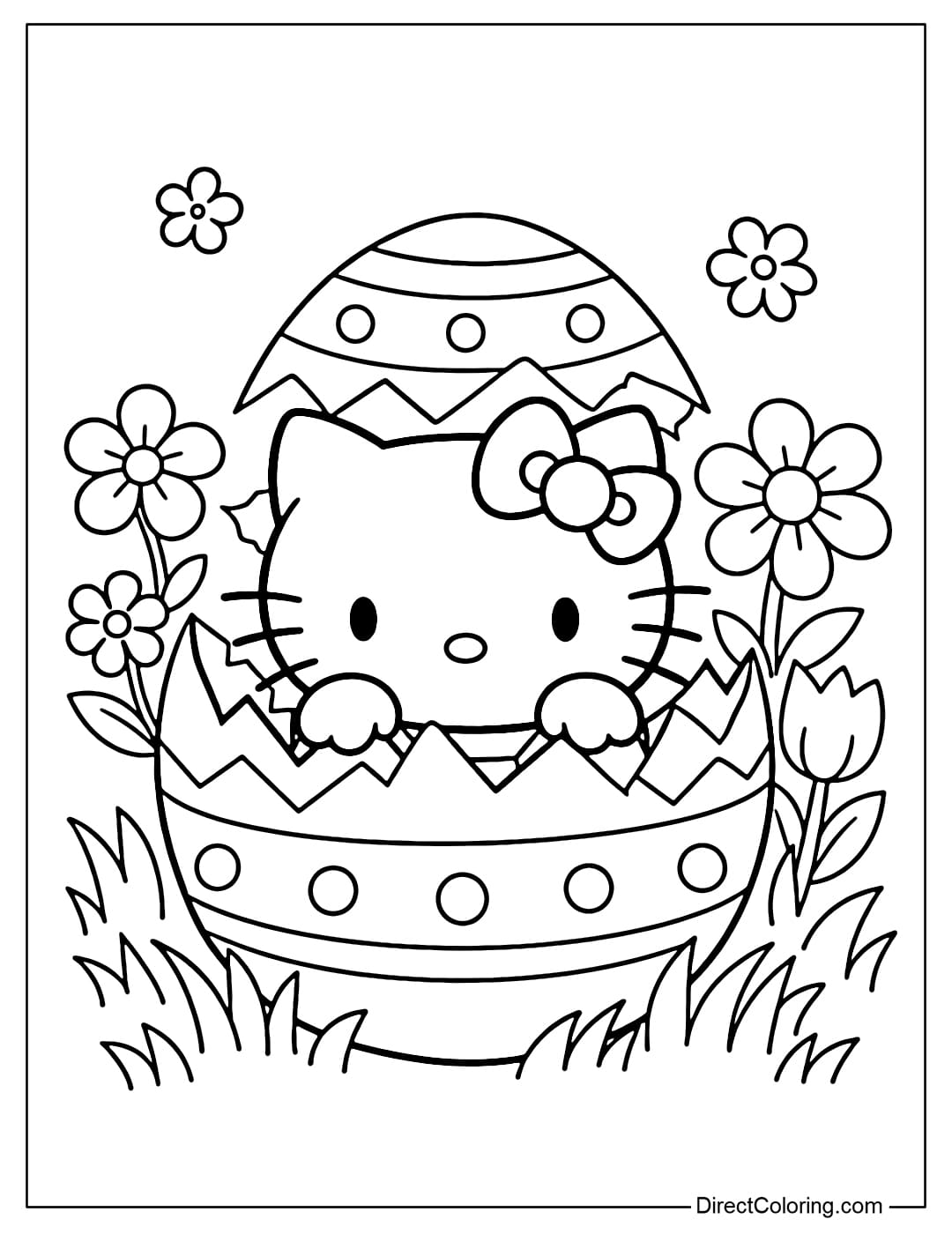 Hello Kitty is emerging from a large, cracked Easter egg, its shell split in two, surrounded by large flowers and grass.