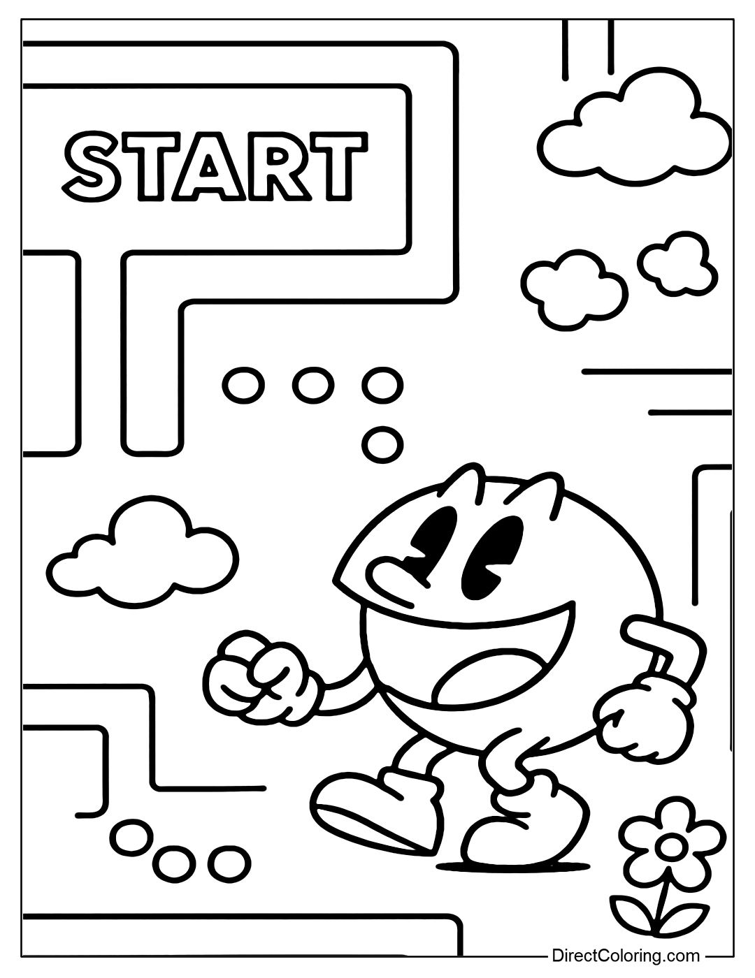 Coloring page of Pac-Man's maze entrance with a Start sign and Pac-Man ready.
