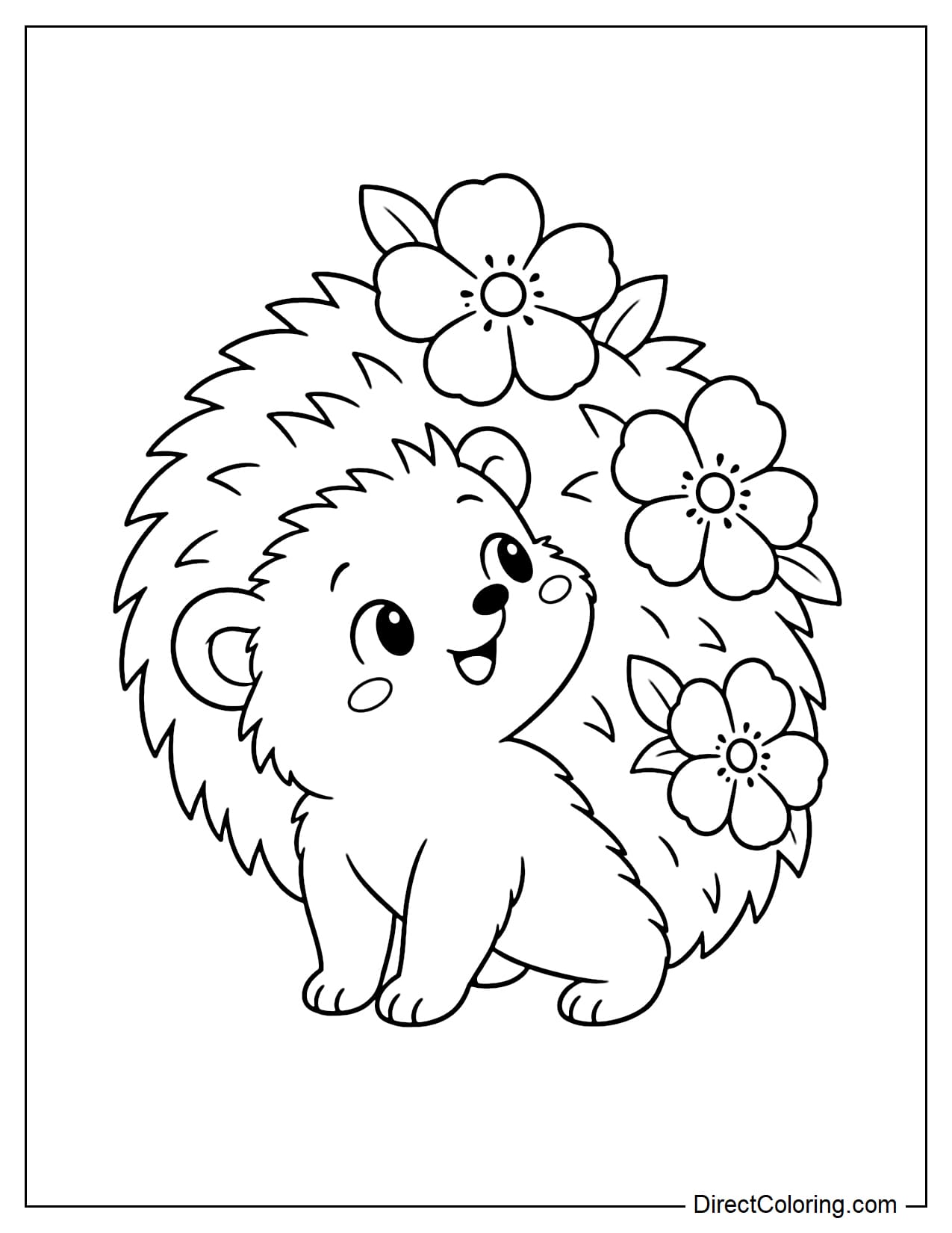 A little hedgehog standing happily with three large flowers tucked into the spines on its back, turning around to admire them.
