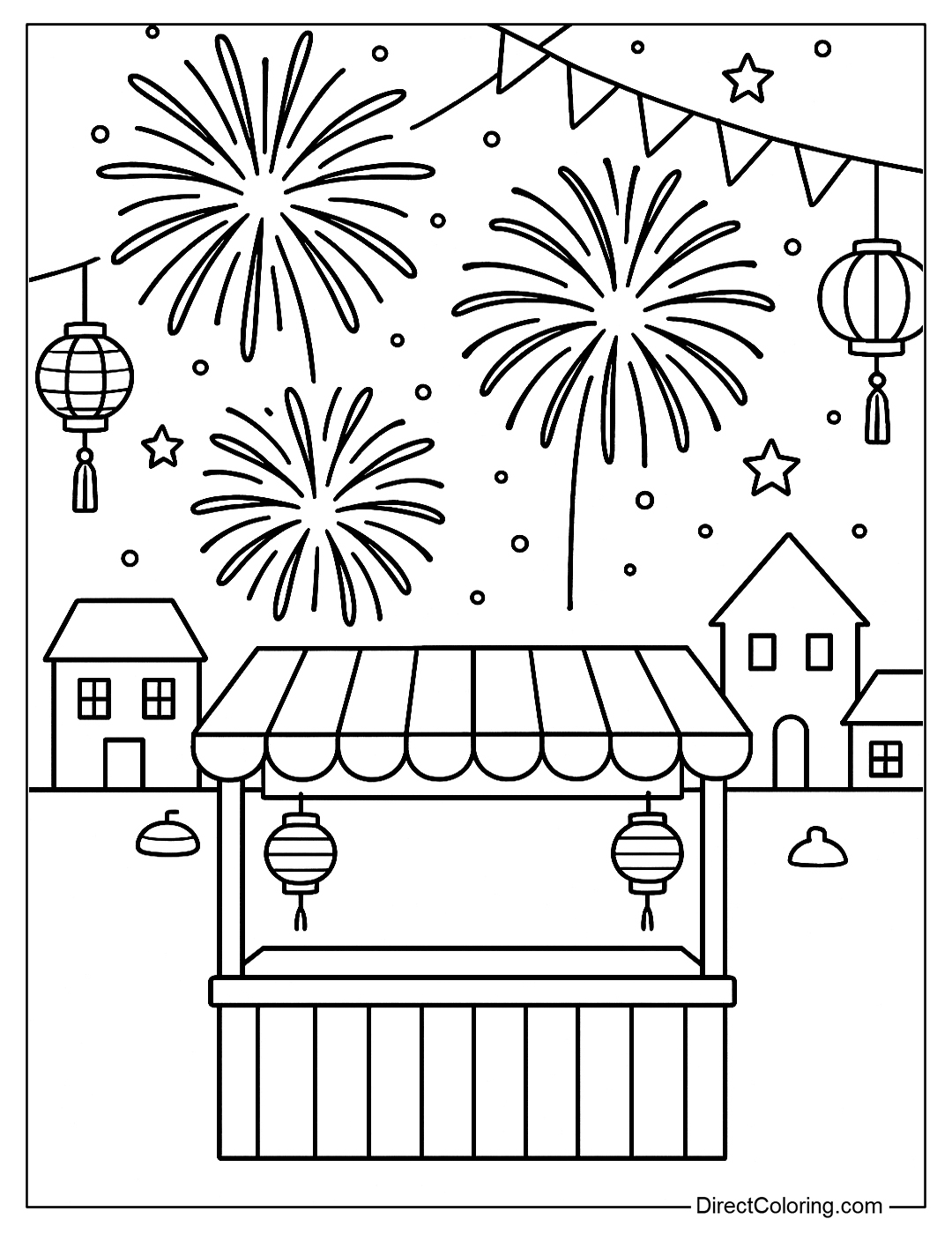 Coloring page of a festival booth at night, behind which are fireworks, some details such as lanterns or flags