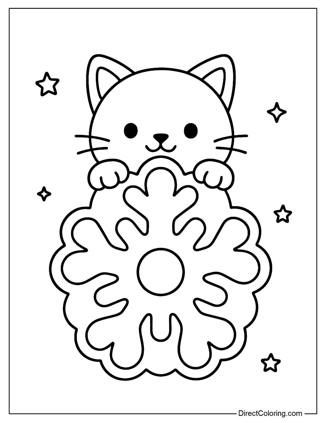A coloring page featuring a chubby kitten peeking out from behind a large snowflake, with only its head, ears, and paws clinging to the edge of the snowflake visible.