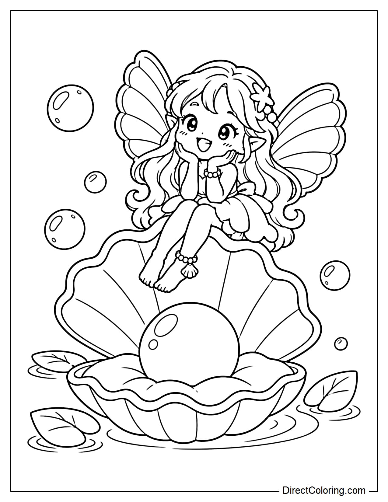 A small fairy with seashell-shaped wings is sitting on an open clam shell that reveals a large round pearl, surrounded by large bubbles and a few water leaves.