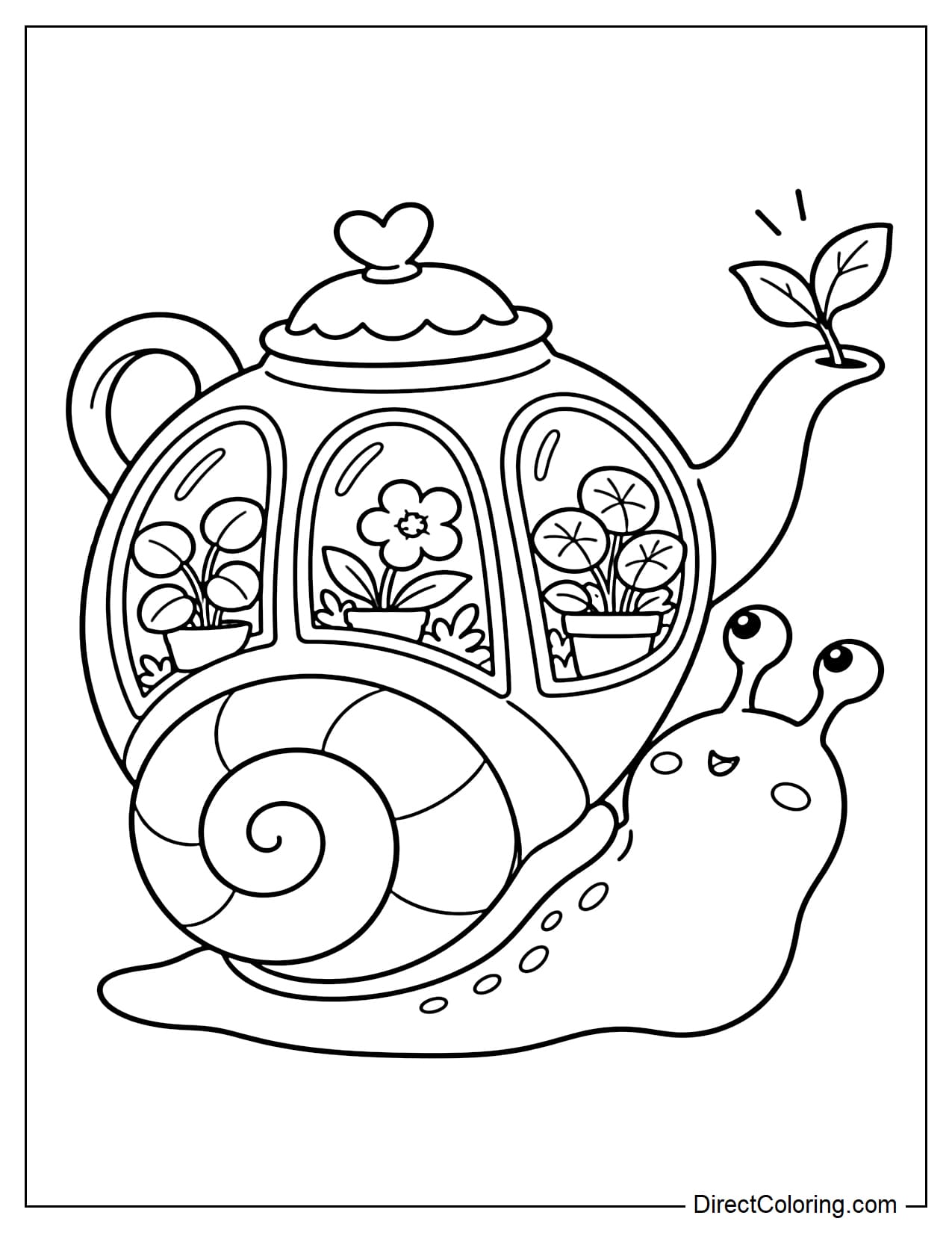 A cute snail with a teapot-shaped miniature greenhouse shell featuring three large glass windows and three potted plants and flowers inside. The snail looks up at a tiny leaf growing from the teapot's spout.