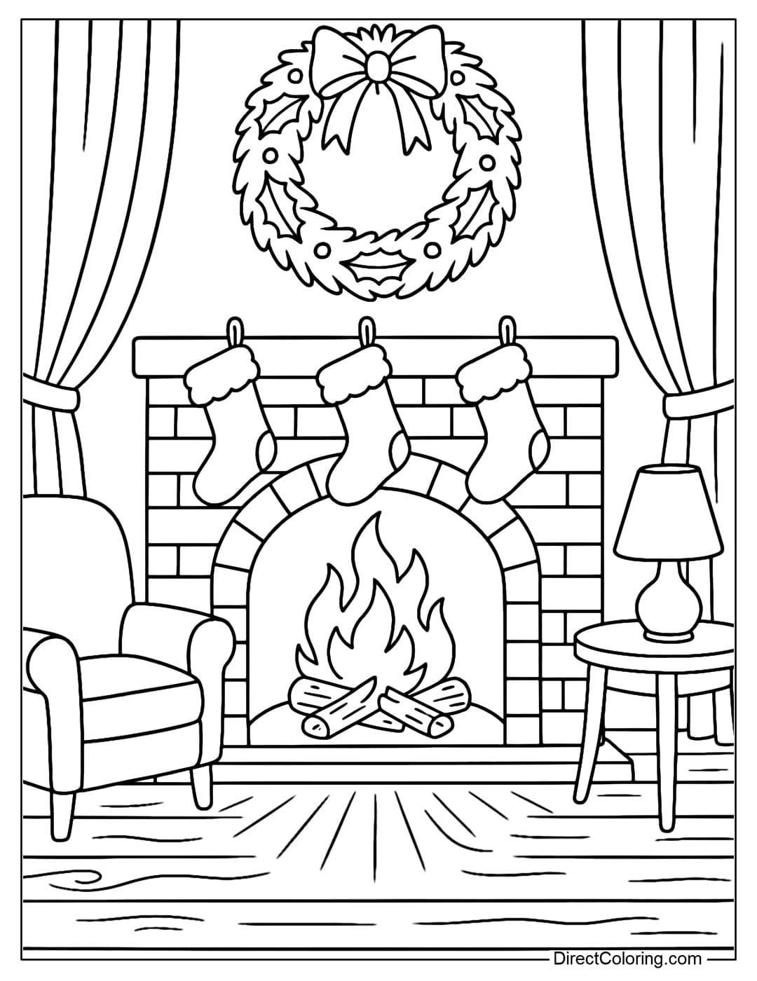 A cozy living room coloring page with a burning fireplace, Christmas stockings and wreaths hanging above.