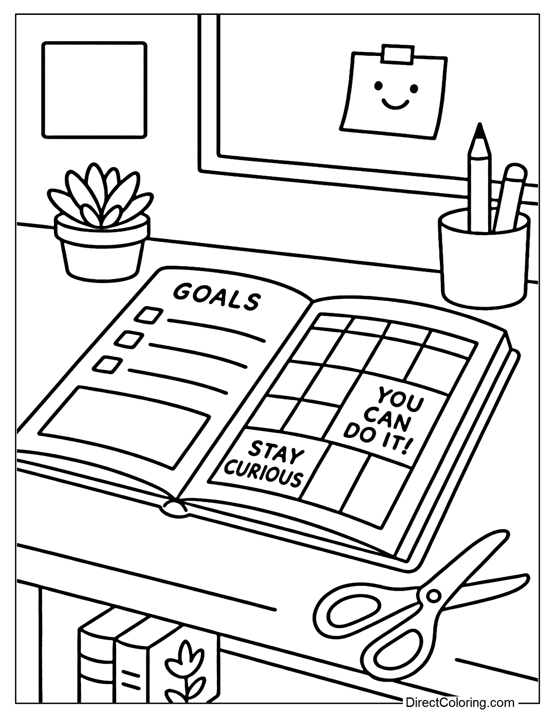 An expanded planner coloring page with goal boxes, reminders You can do it!, Stay curious, a neat background with a small succulent pot, and a note board.