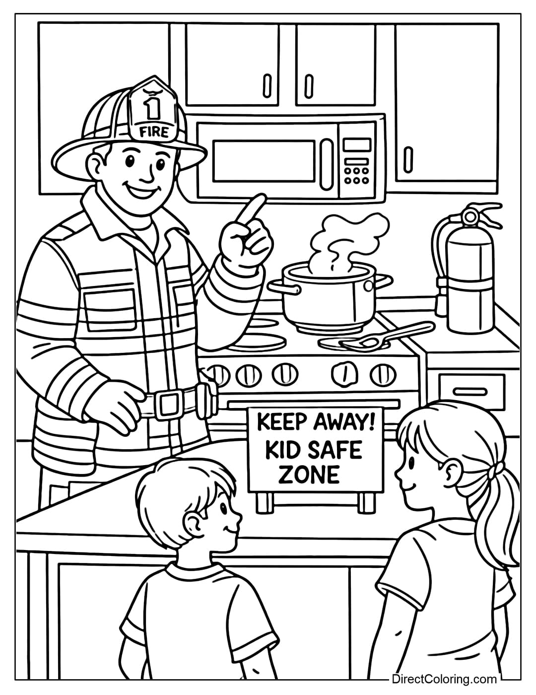 Coloring page depicting a safe kitchen scene with a firefighter giving instructions.