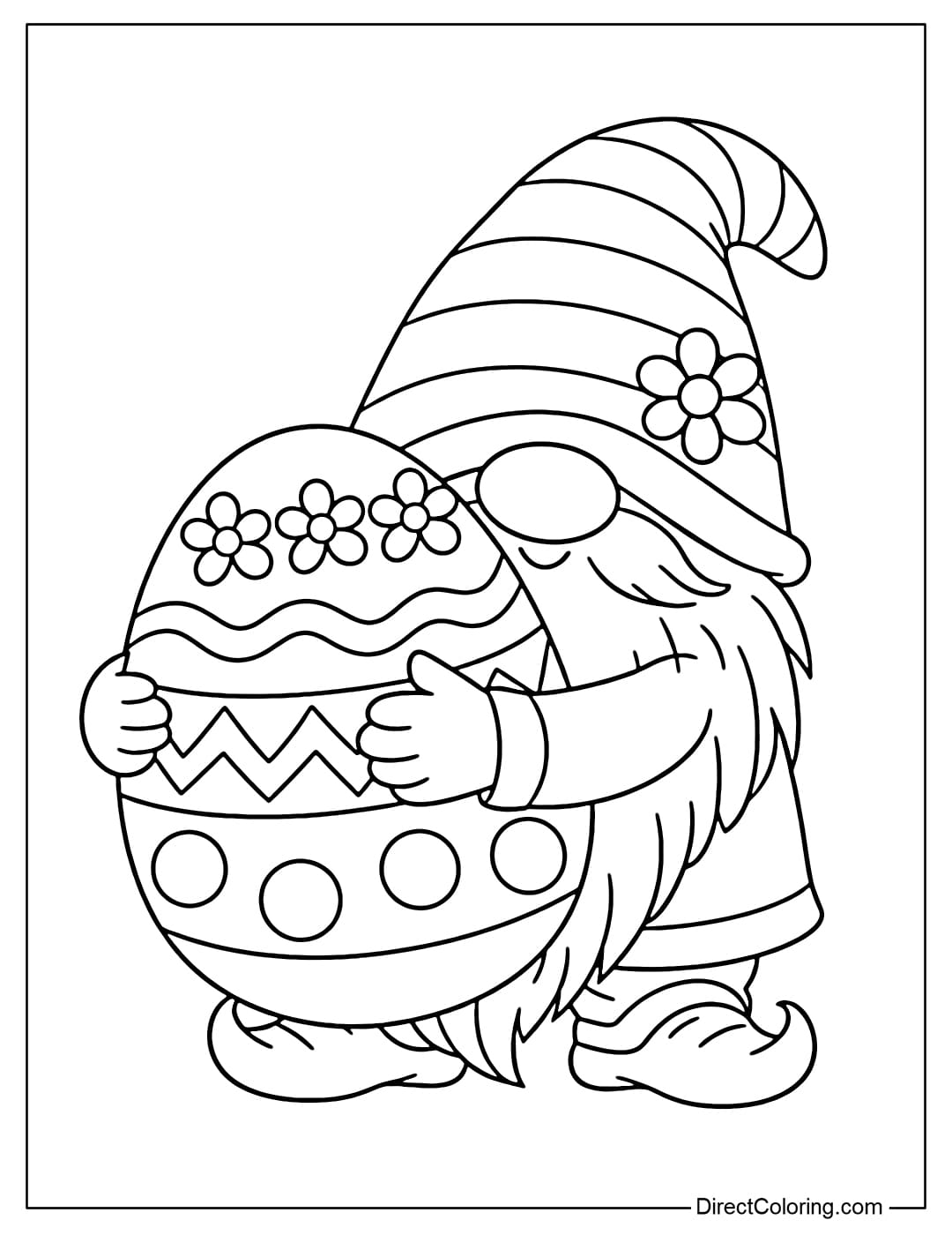 Coloring page of a gnome hugging a big Easter egg.