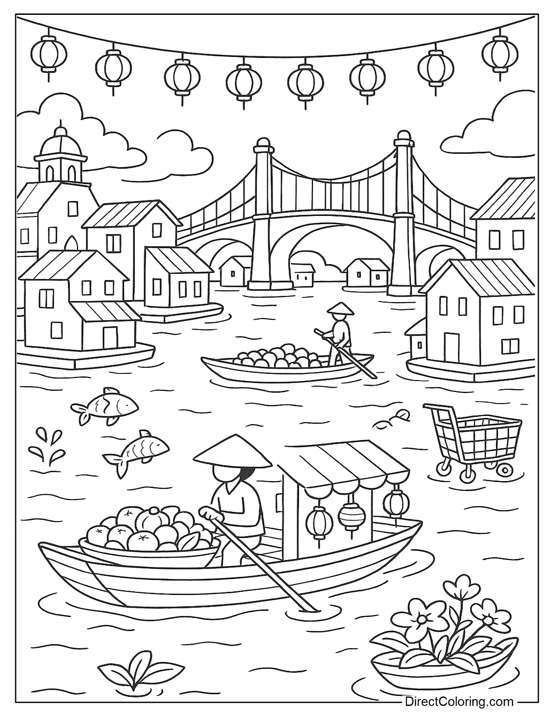 coloring page A city on a river with floating buildings, a boat market carrying fruit and lanterns