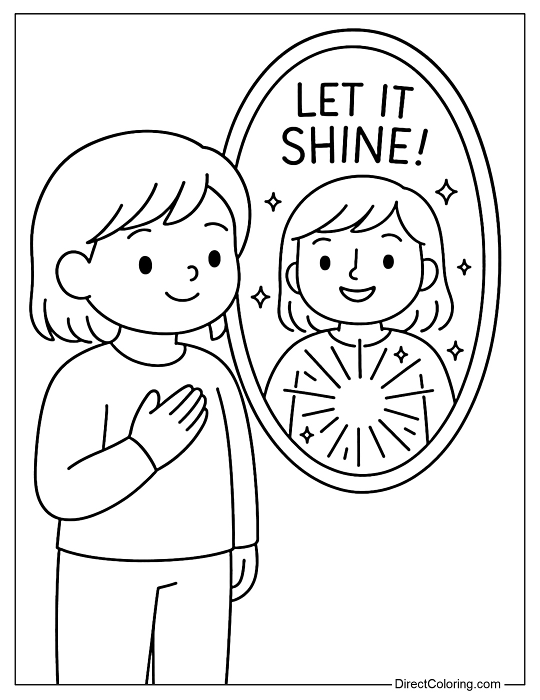 Coloring page where the child looks into the mirror and sees light coming from himself – the mirror says 
