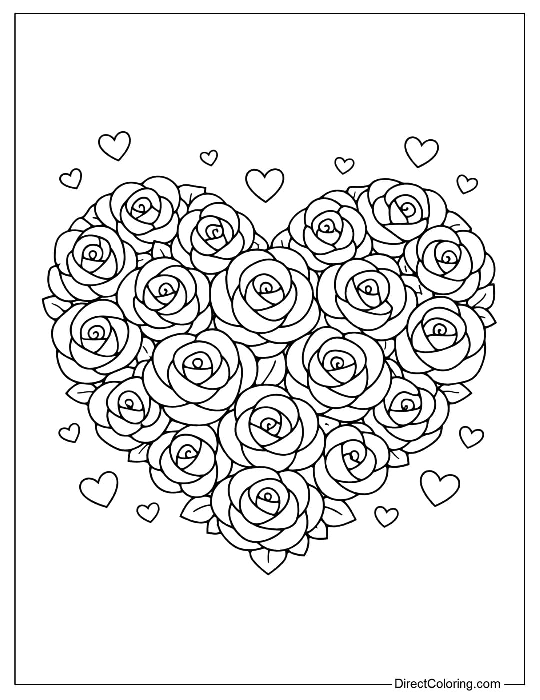 A coloring page of multiple roses arranged in the shape of a large heart.