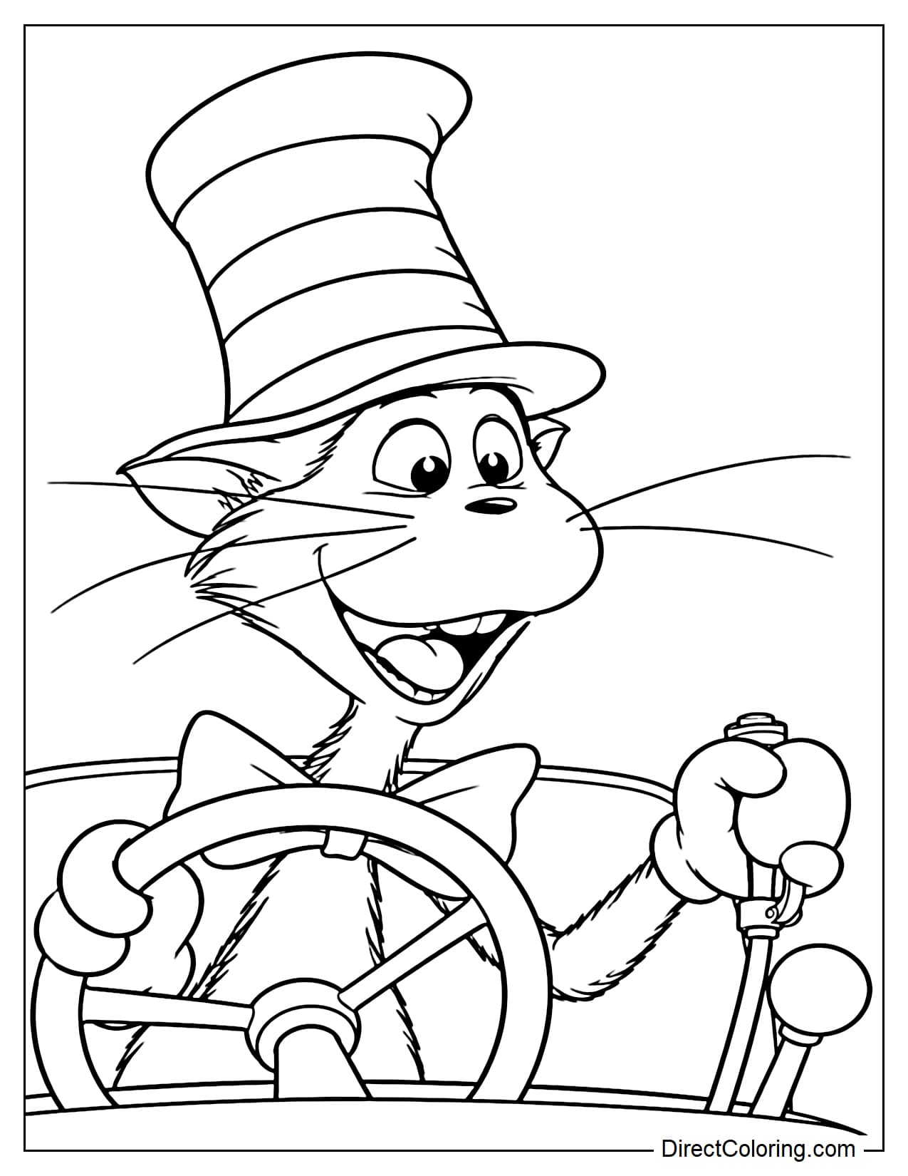 The Cat in the Hat cheerfully drives a car, keeping one hand on the large steering wheel and the other on a control lever, shown from a close-up front view.