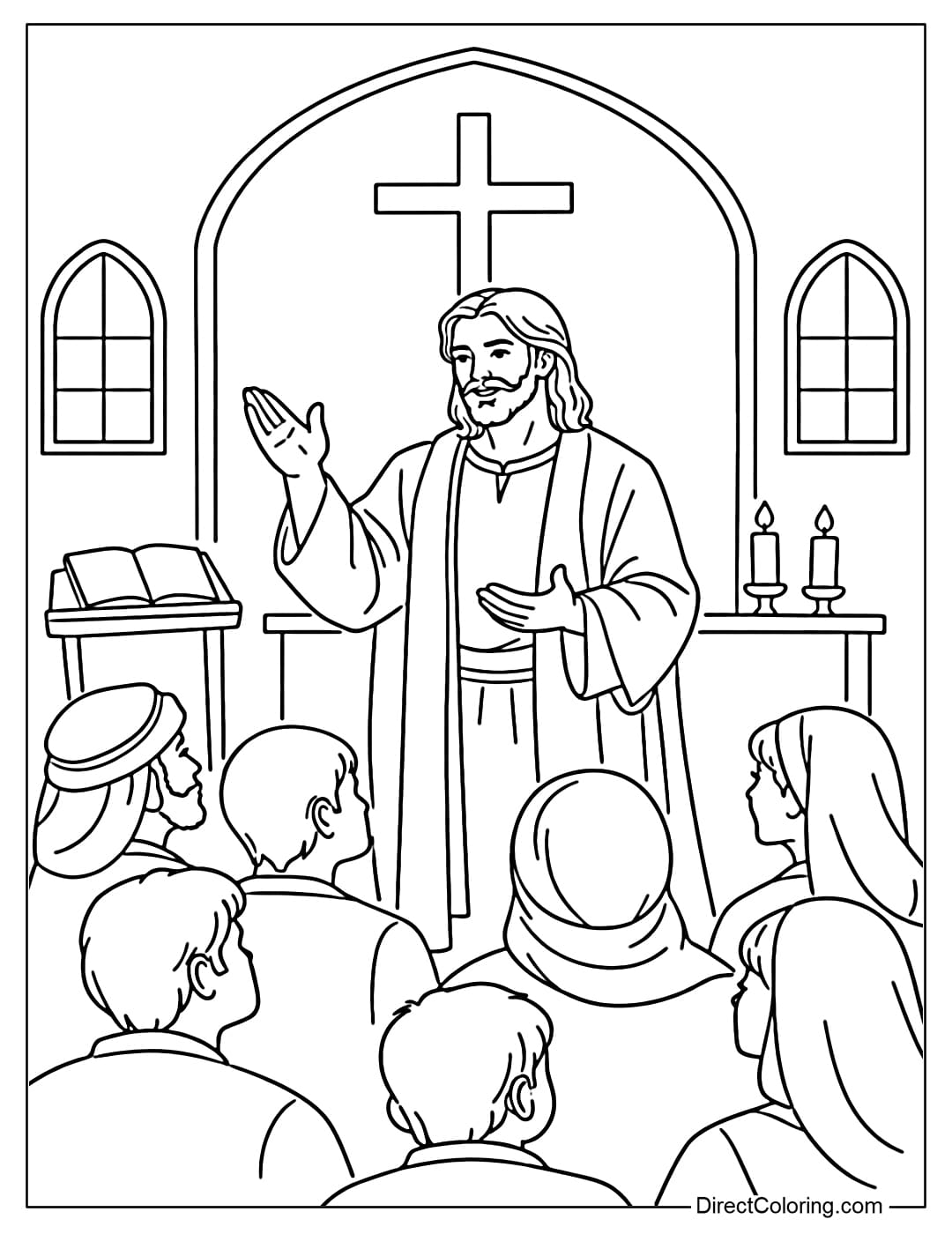 Coloring page of Jesus teaching inside a church with a simple setting.