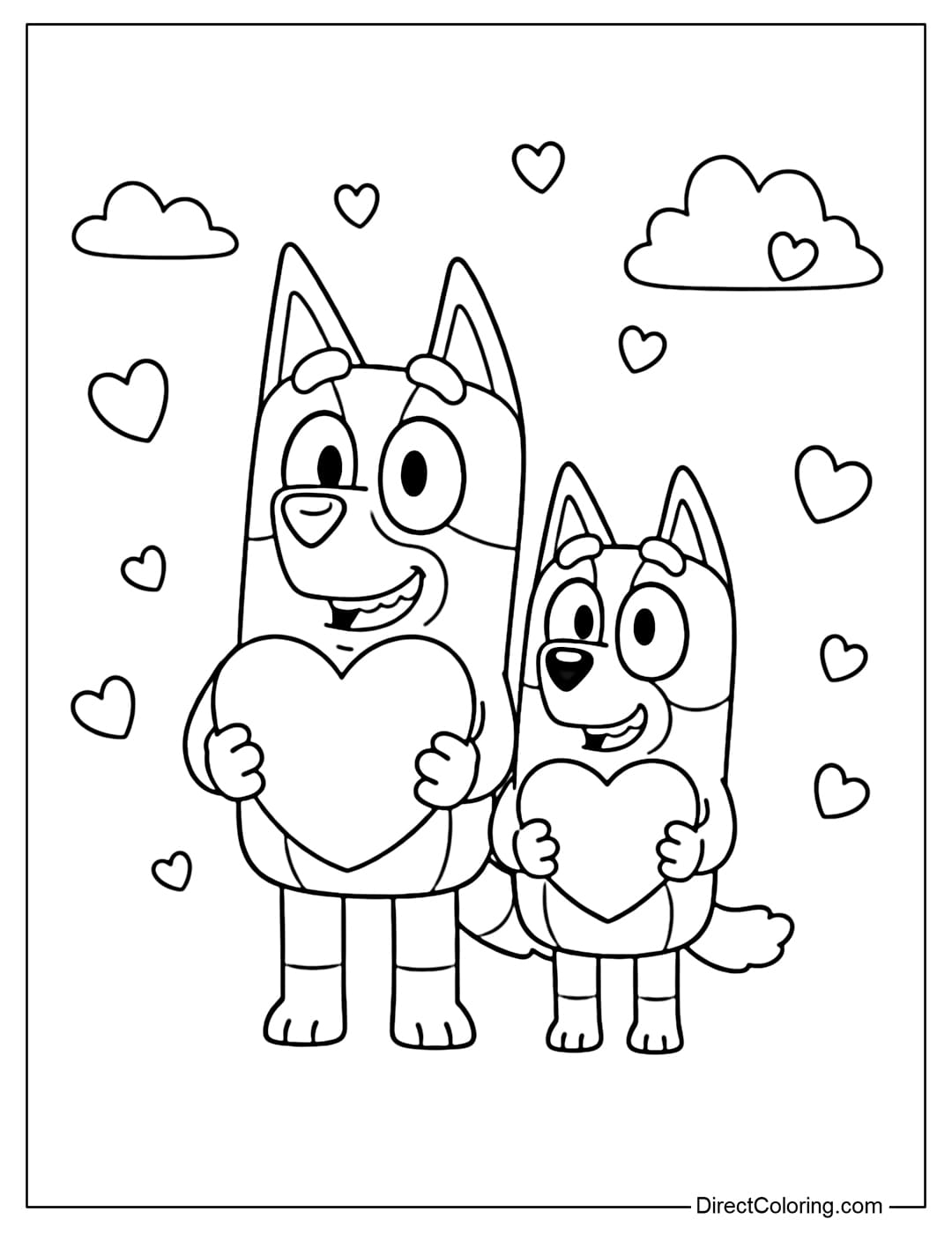 Bluey and Bingo are standing next to each other, each holding a Valentine heart.