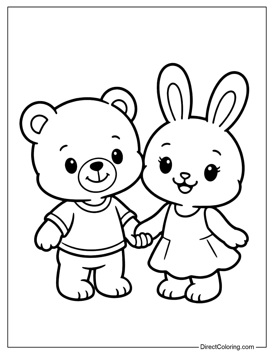 A coloring page of two animals, a rabbit and a bear, holding hands.