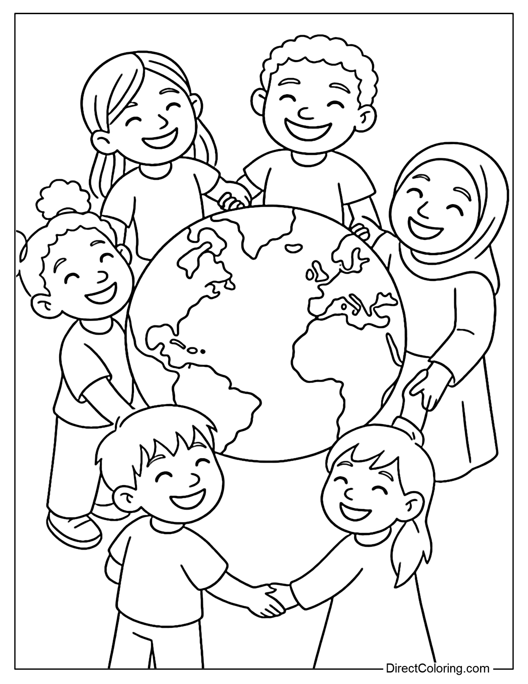 Coloring page of kids holding hands in a circle around the Earth, smiling brightly.