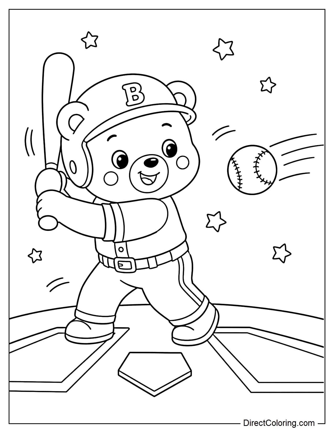 An adorable bear is standing in a baseball swinging pose with a baseball bat on its shoulder.