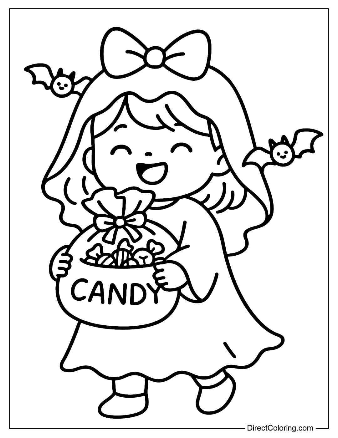Coloring page of a girl dressed as a ghost but with a bow on her head, holding a large bag of candy, surrounded by bats and hanging lanterns.