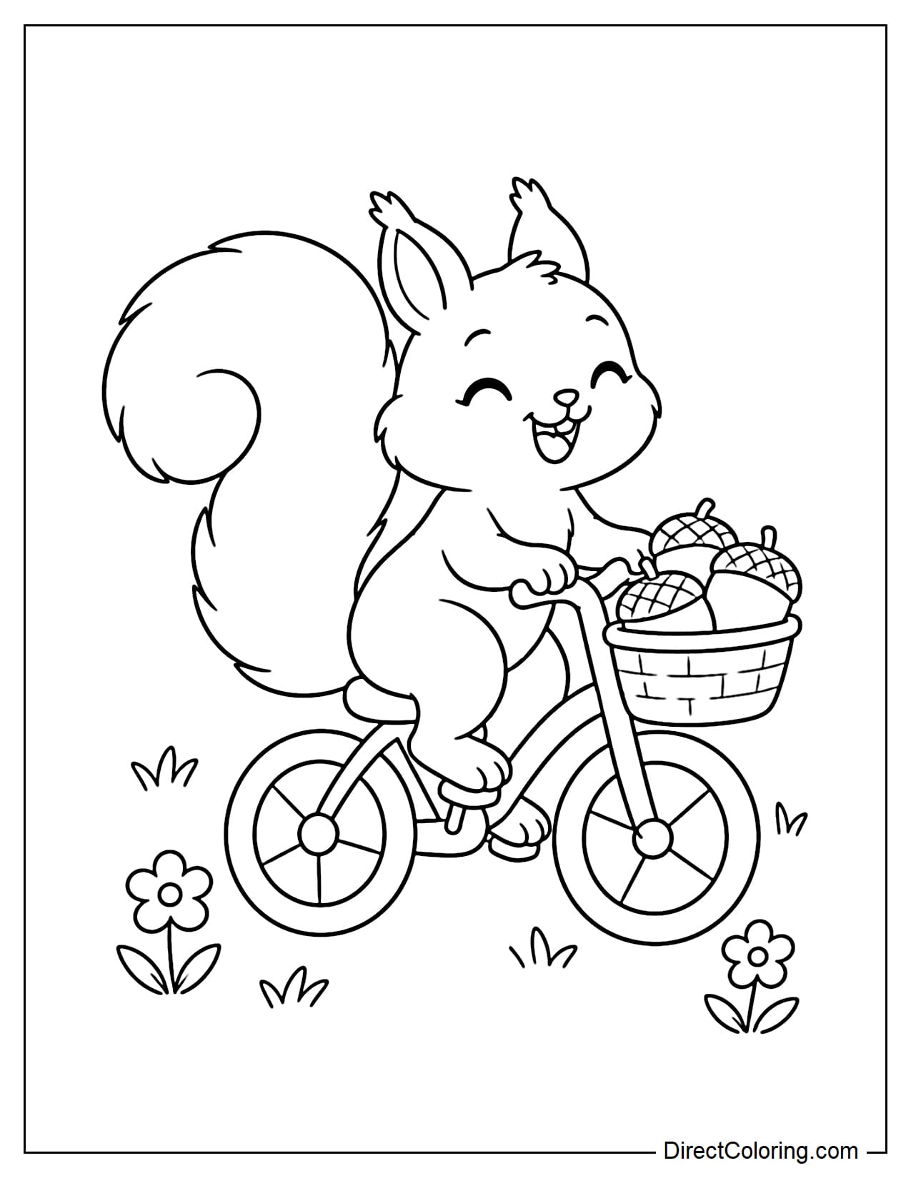 A cute squirrel riding a small bicycle with its big fluffy tail curled behind it and a front basket carrying three large acorns.