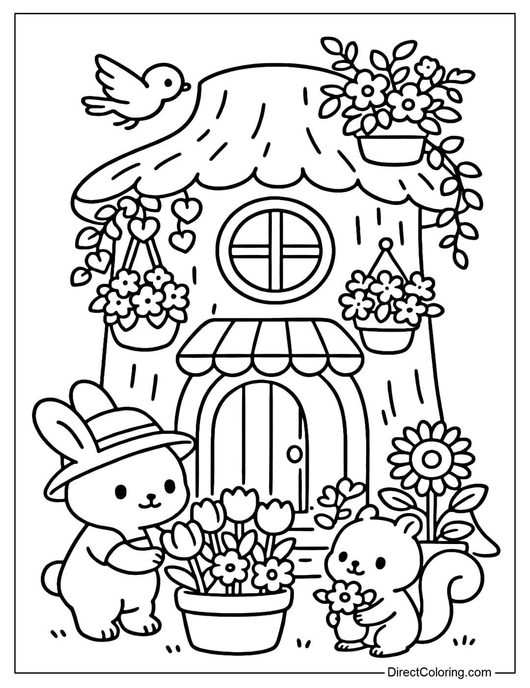 Stump Flower Shop Coloring Page A tree stump coloring page turned into a small flower shop, a round window hung with colorful flower baskets.
