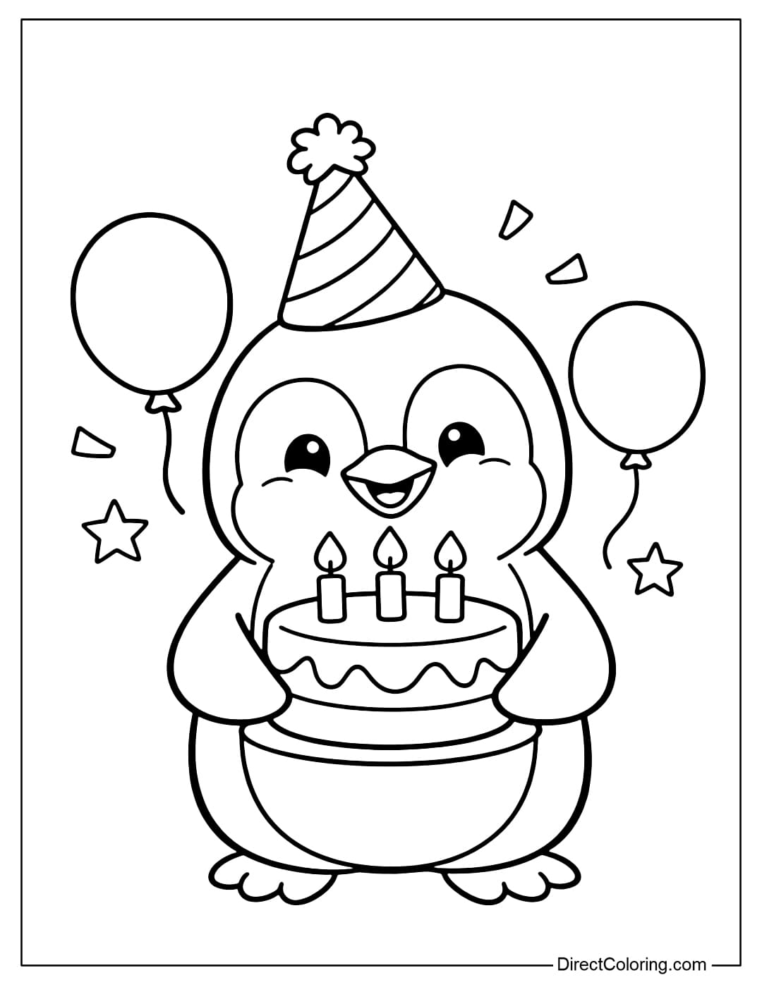 A coloring page of a penguin wearing a birthday hat, smiling happily, and holding a small birthday cake with candles on its wings.