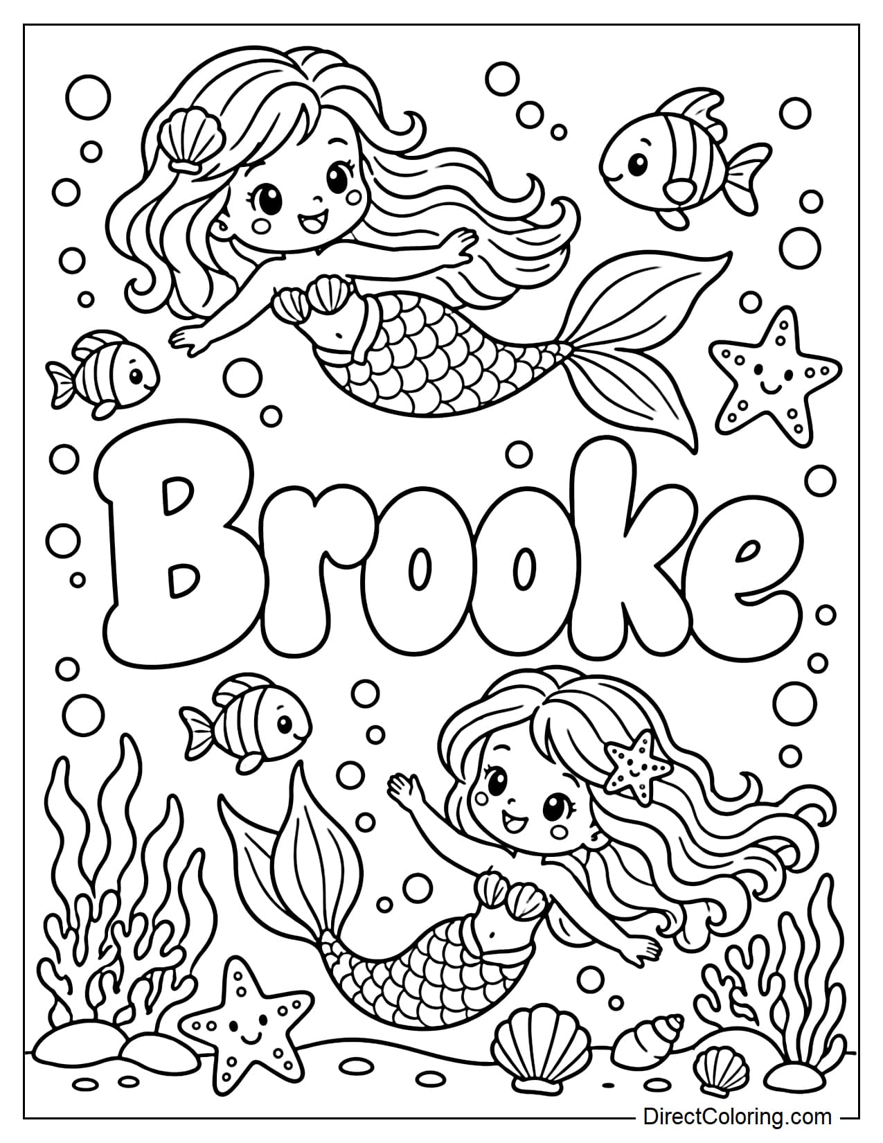 Brooke's name is written in large bubble letters, surrounded by two cute mermaids, along with small fish, seashells, starfish, coral, and water bubbles.