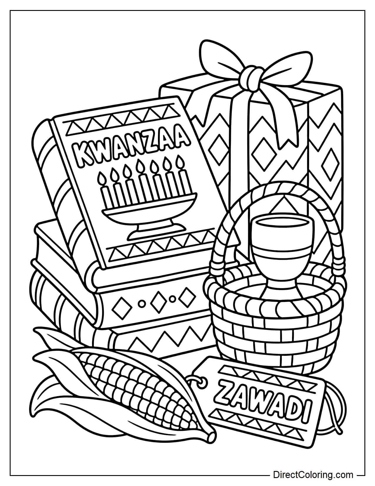 Three stacked Kwanzaa books sit beside a woven basket holding a wooden craft and a gift wrapped in patterned fabric.