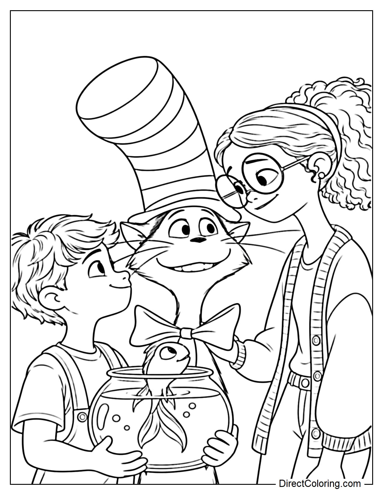 The Cat in the Hat stands between Gabby and Sebastian as the three look at one another with cheerful, friendly expressions, while Sebastian holds a large fishbowl in both hands.