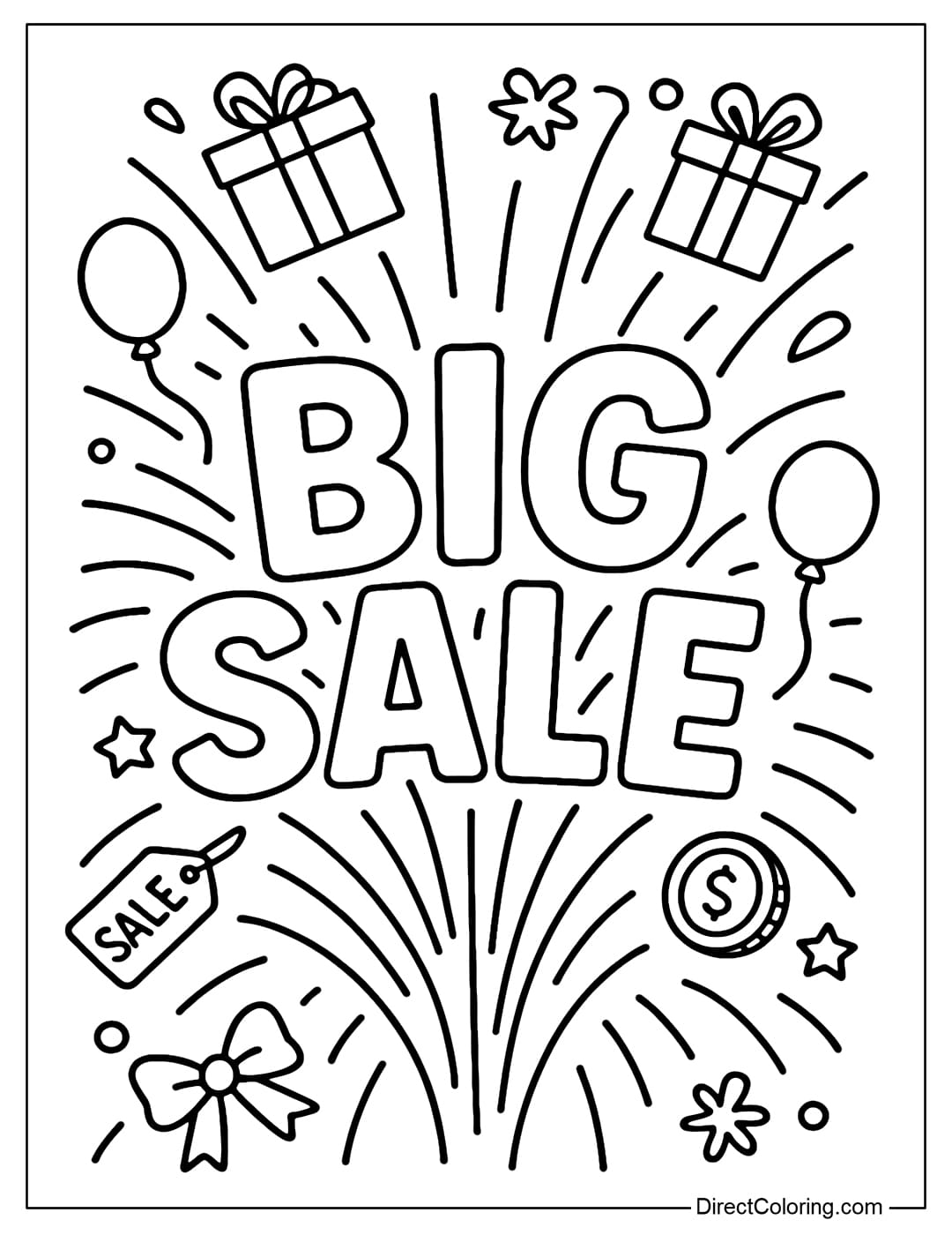 A coloring page with the word BIG SALE, the letters seem to explode out with the effect of fireworks, rays of light, and gift boxes flying up.