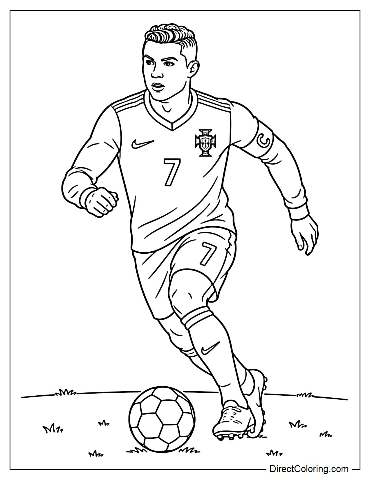 Cristiano Ronaldo running and dribbling the ball on the grass, with a slight movement and the ball near his feet.