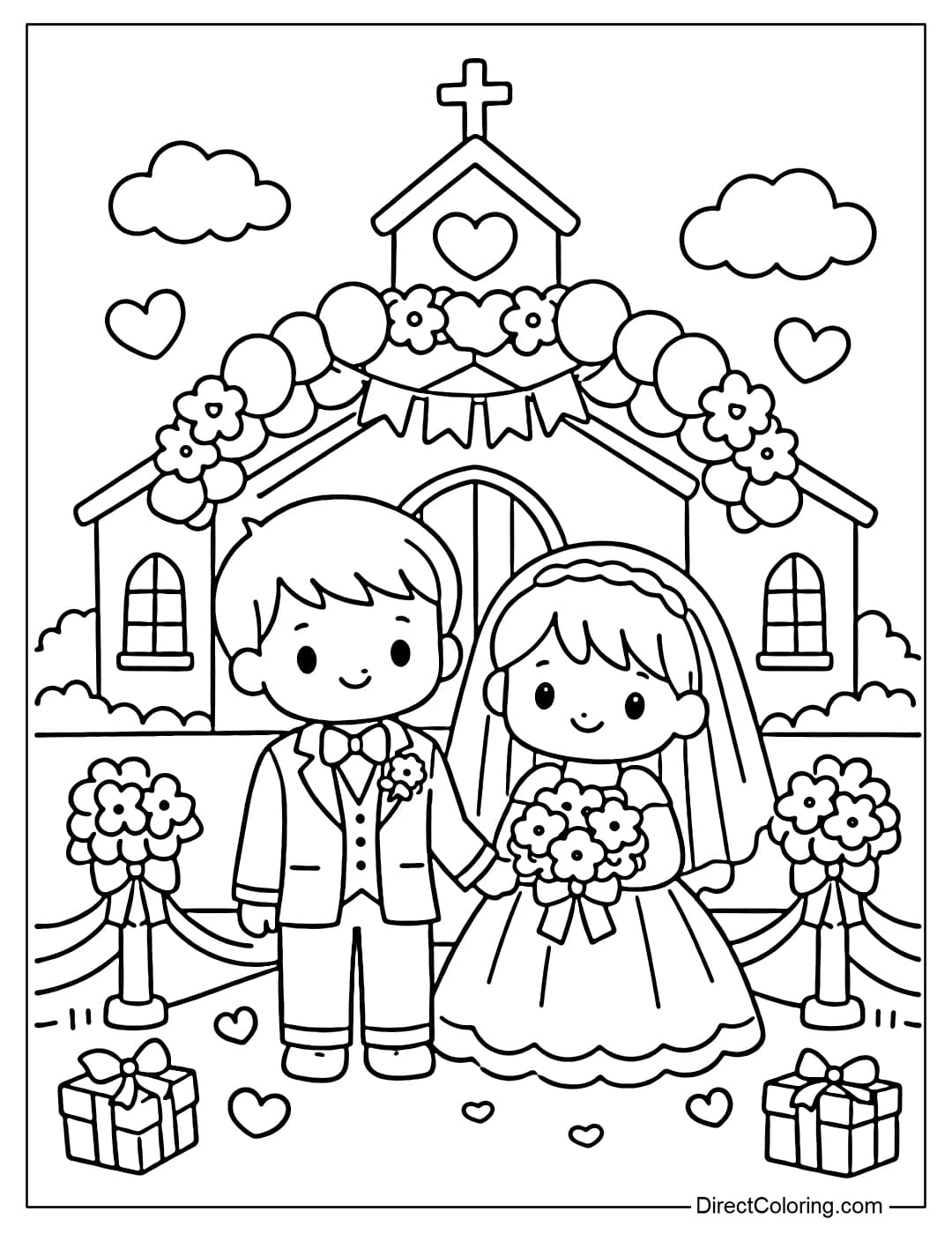 A coloring page of a simple wedding scene in front of a church.
