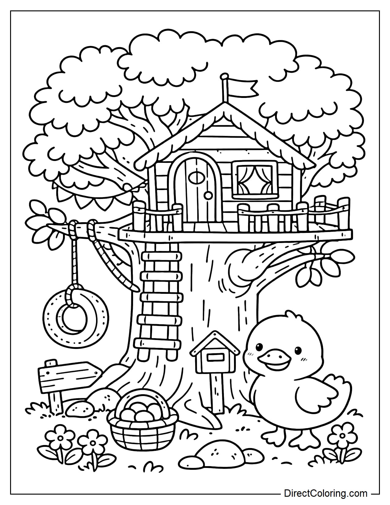 A treehouse with a duck standing near the base of the tree.